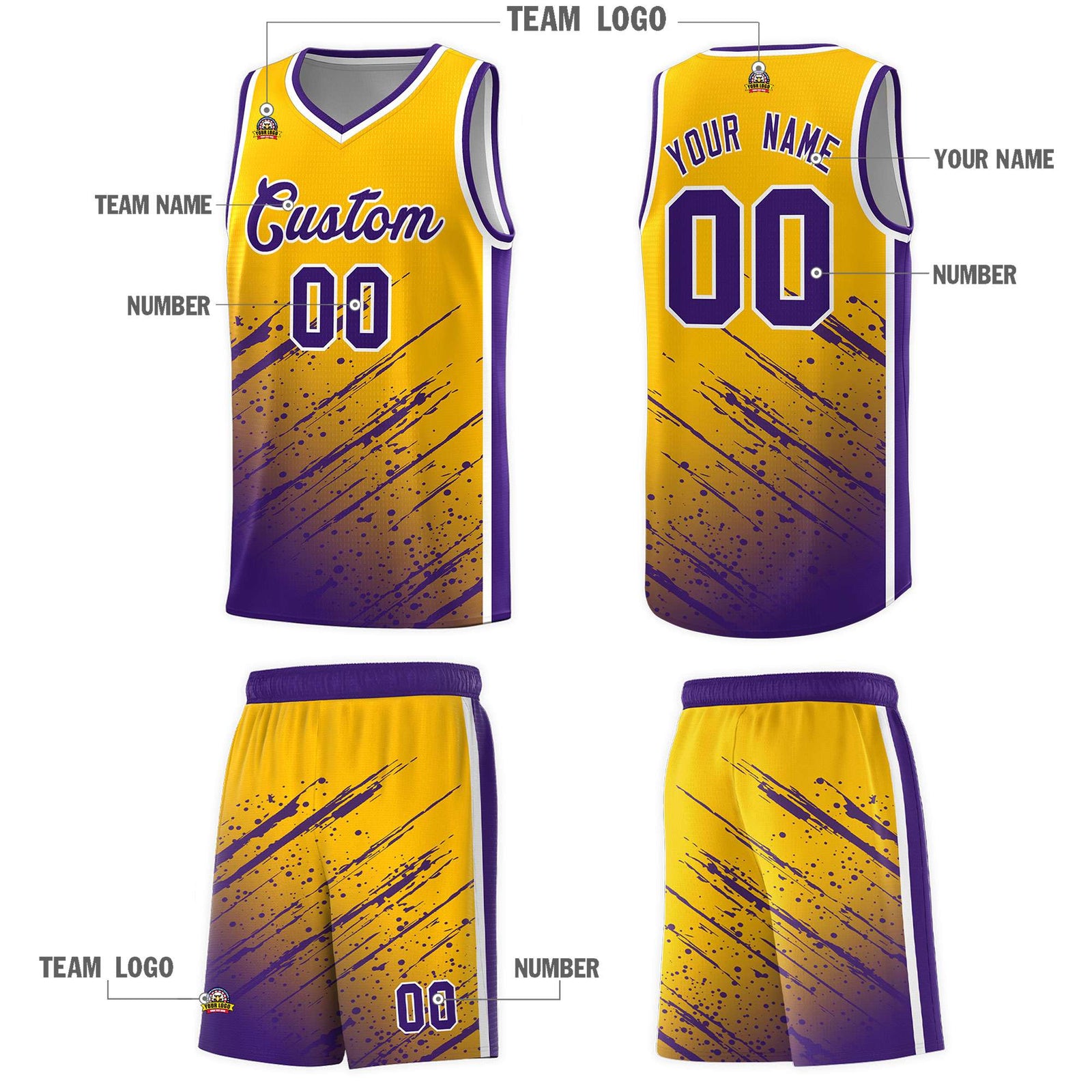 Custom Yellow Basketball Kits With Purple Paint Graffiti
