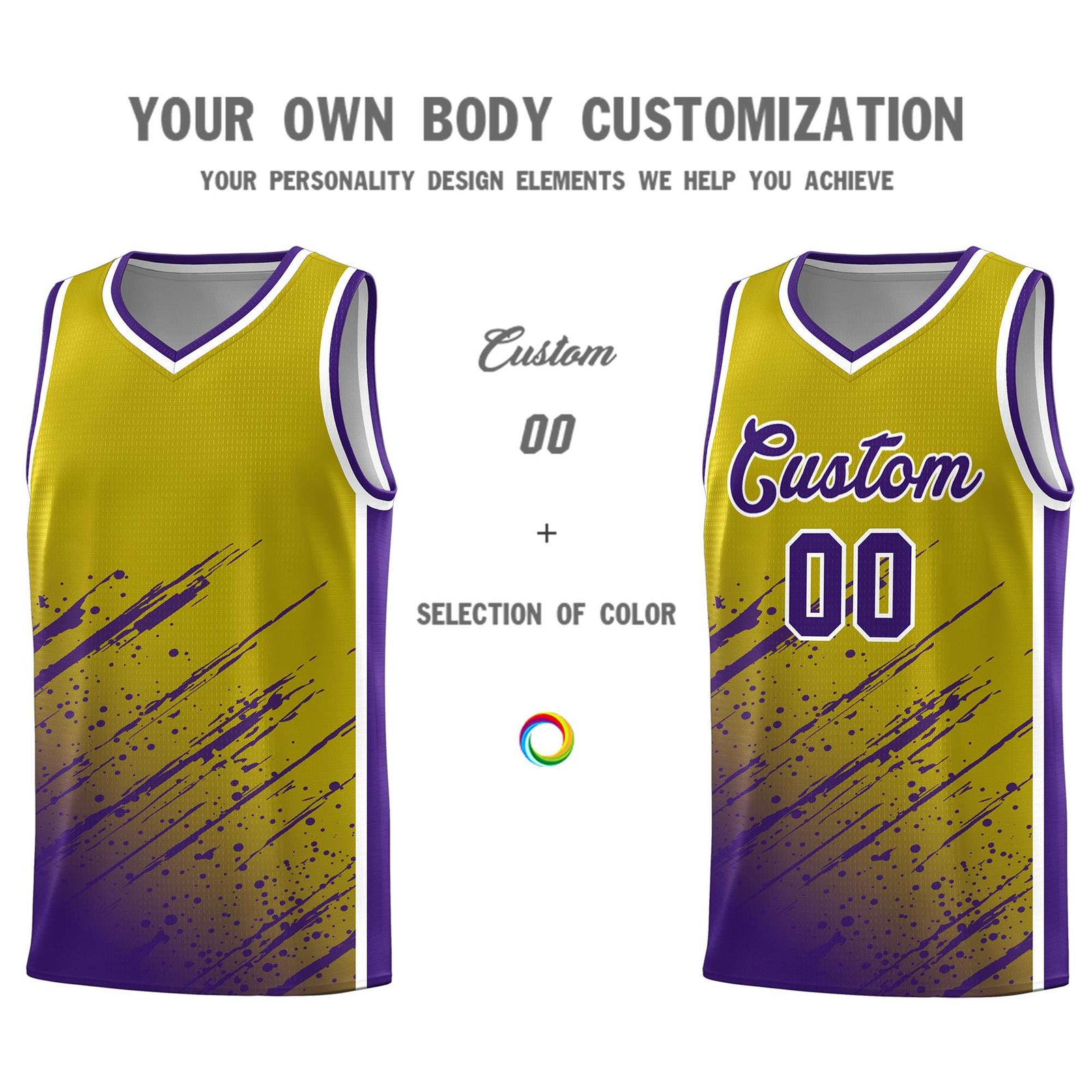 Custom Old Gold Basketball Kits With Purple Paint Graffiti