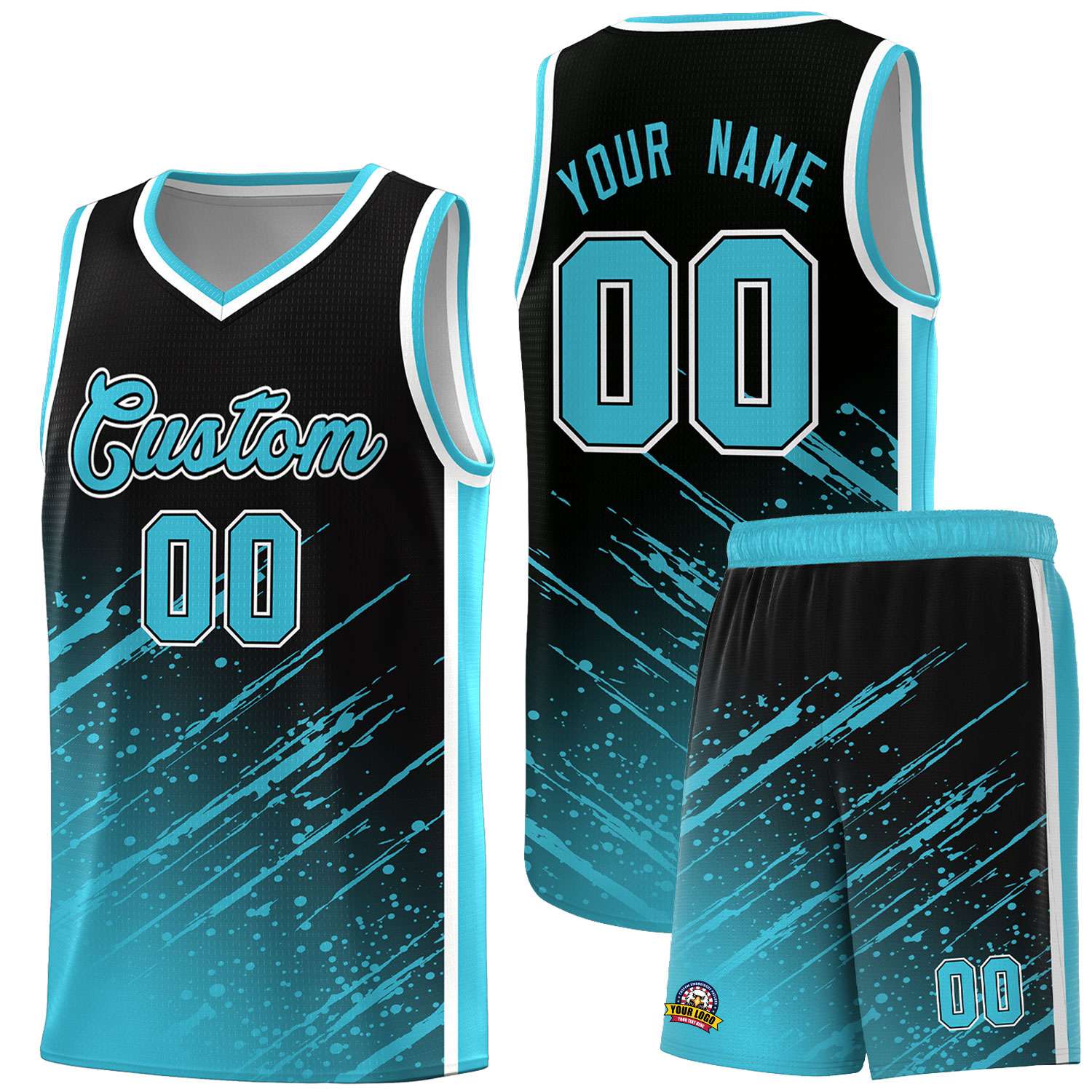 Custom Black Basketball Kits With Sky Blue Paint Graffiti