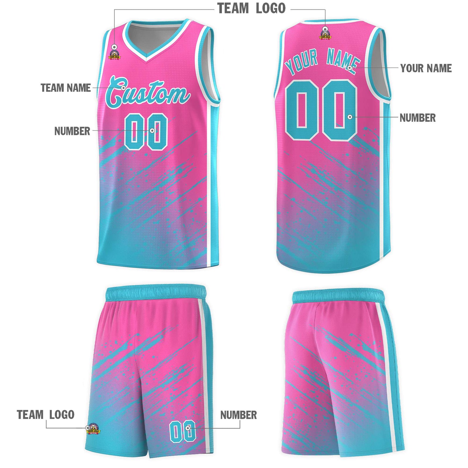 Custom Pink Basketball Kits With Sky Blue Paint Graffiti