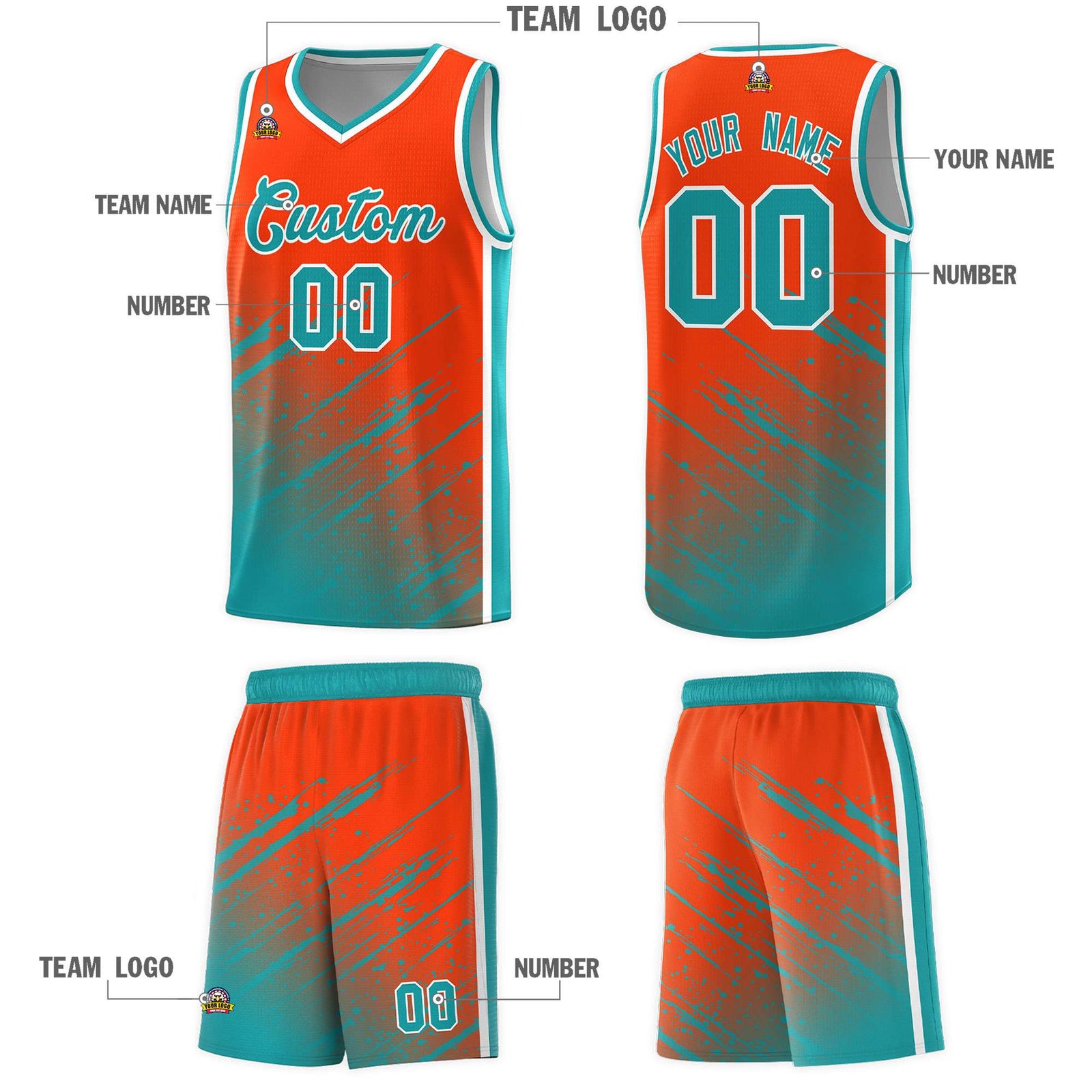 Custom Orange Basketball Kits With Aqua Paint Graffiti