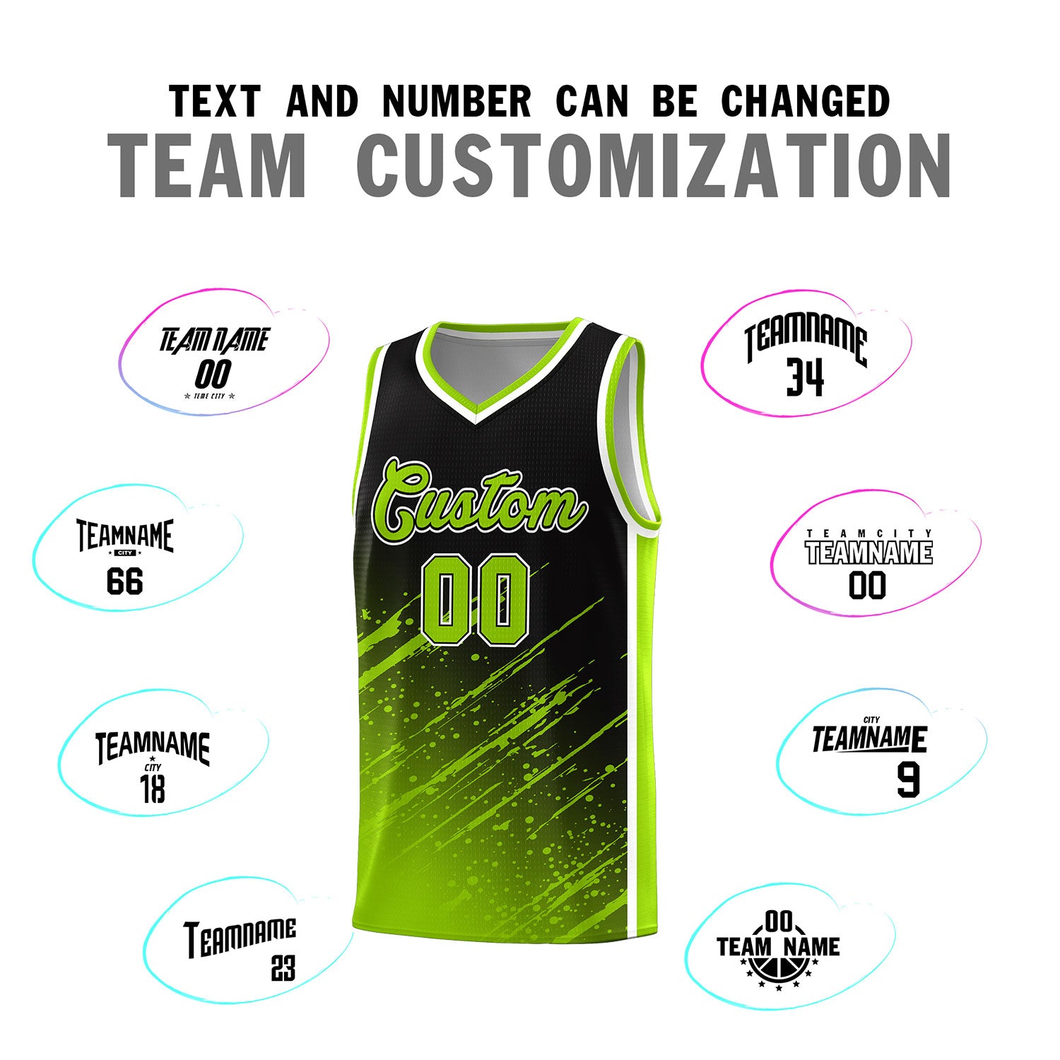 Custom Black Basketball Kits With Neon Green Paint Graffiti