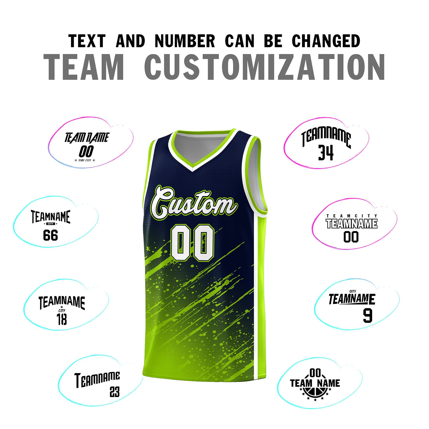 Custom Navy Basketball Kits With Neon Green Paint Graffiti