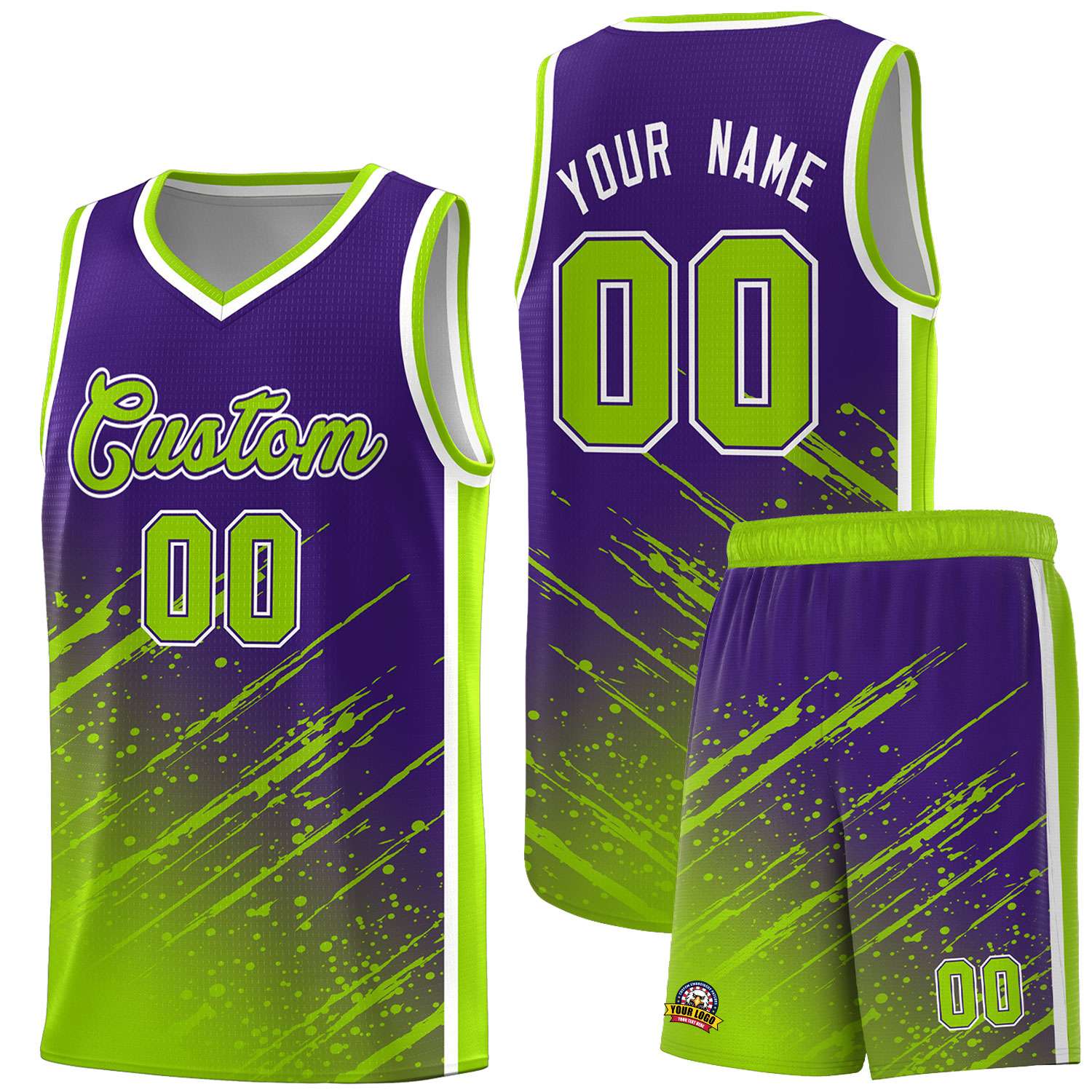 Custom Purple Basketball Kits With Neon Green Paint Graffiti