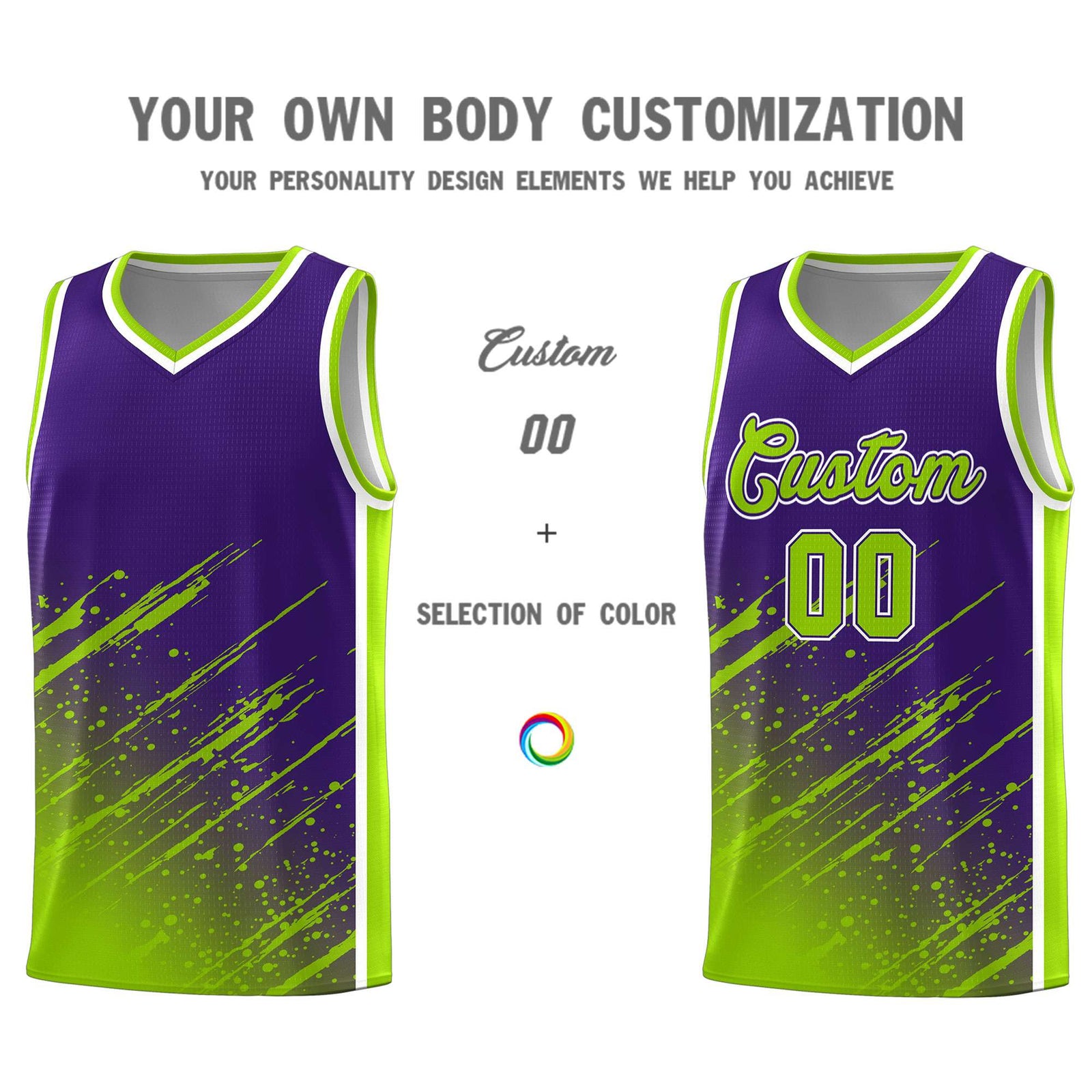 Custom Purple Basketball Kits With Neon Green Paint Graffiti