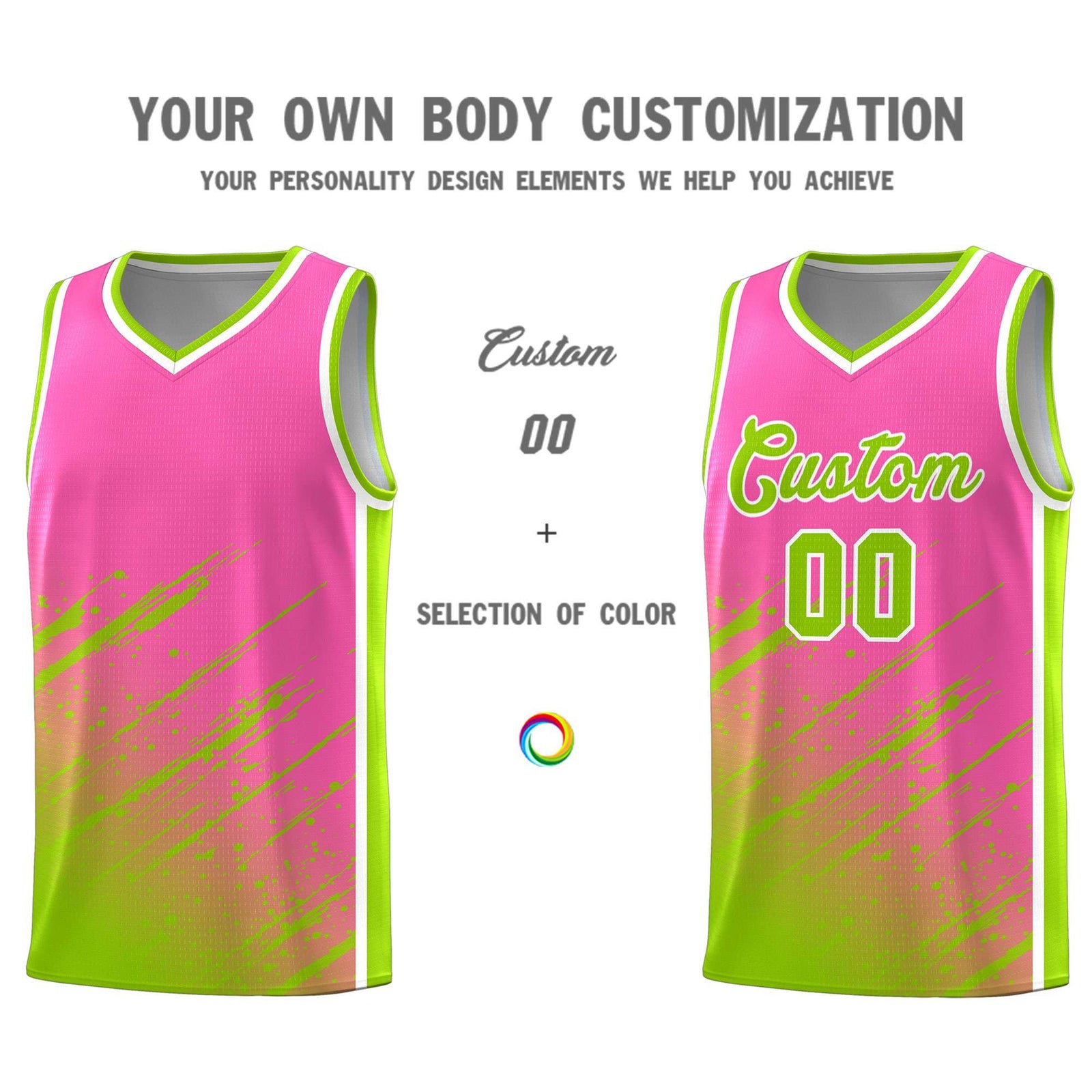 Custom Pink Basketball Kits With Neon Green Paint Graffiti