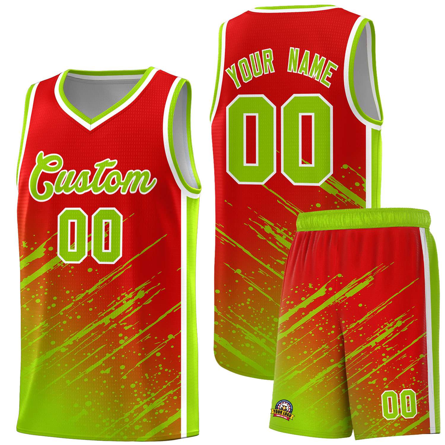 Custom Red Basketball Kits With Neon Green Paint Graffiti