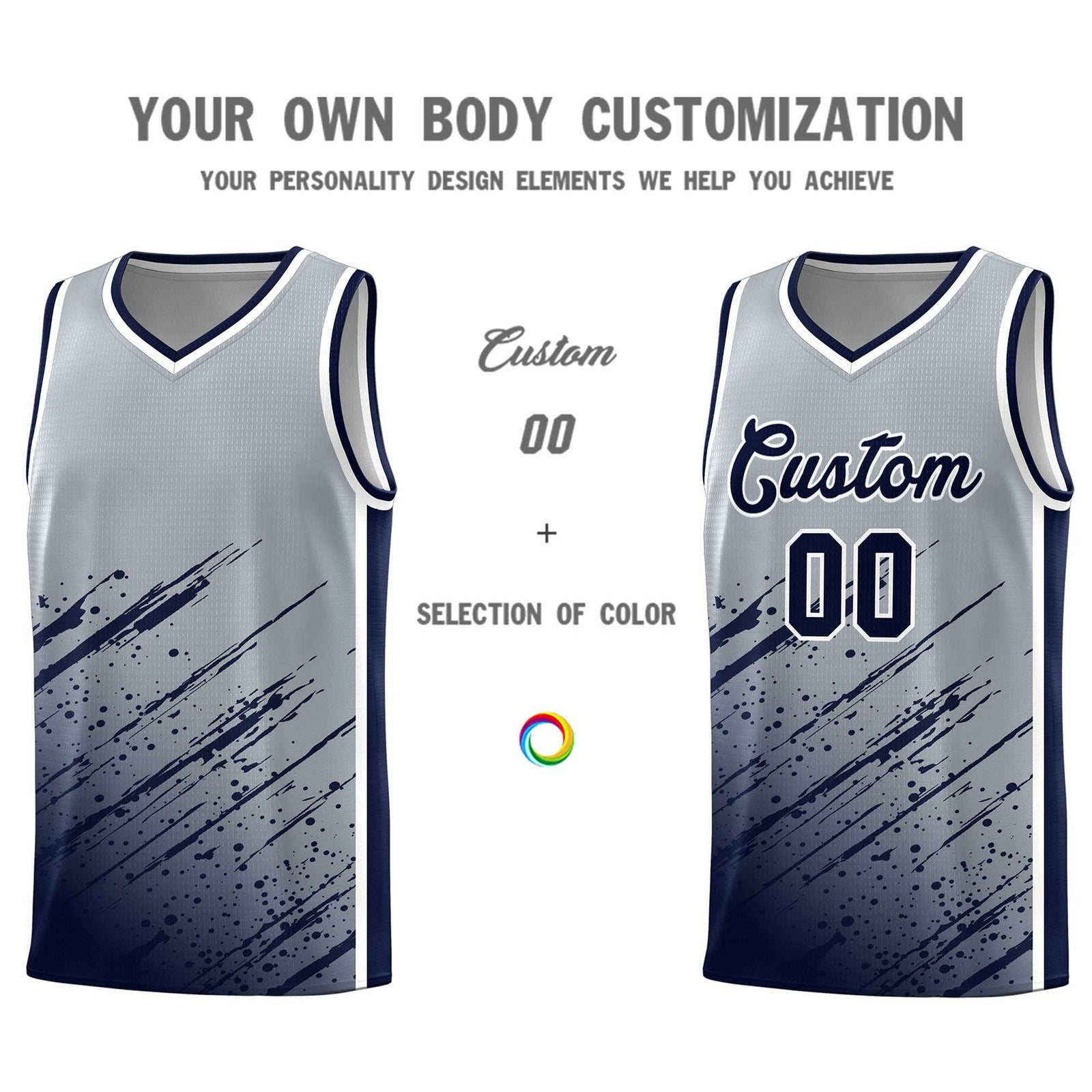 Custom Gray Basketball Kits With Navy Paint Graffiti