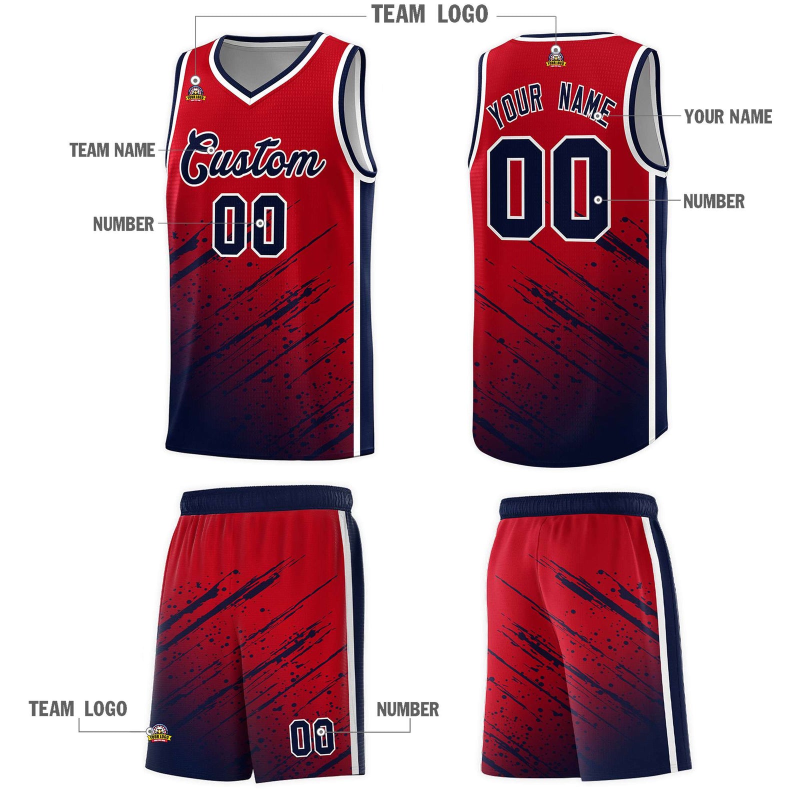 Custom Red Basketball Kits With Navy Paint Graffiti