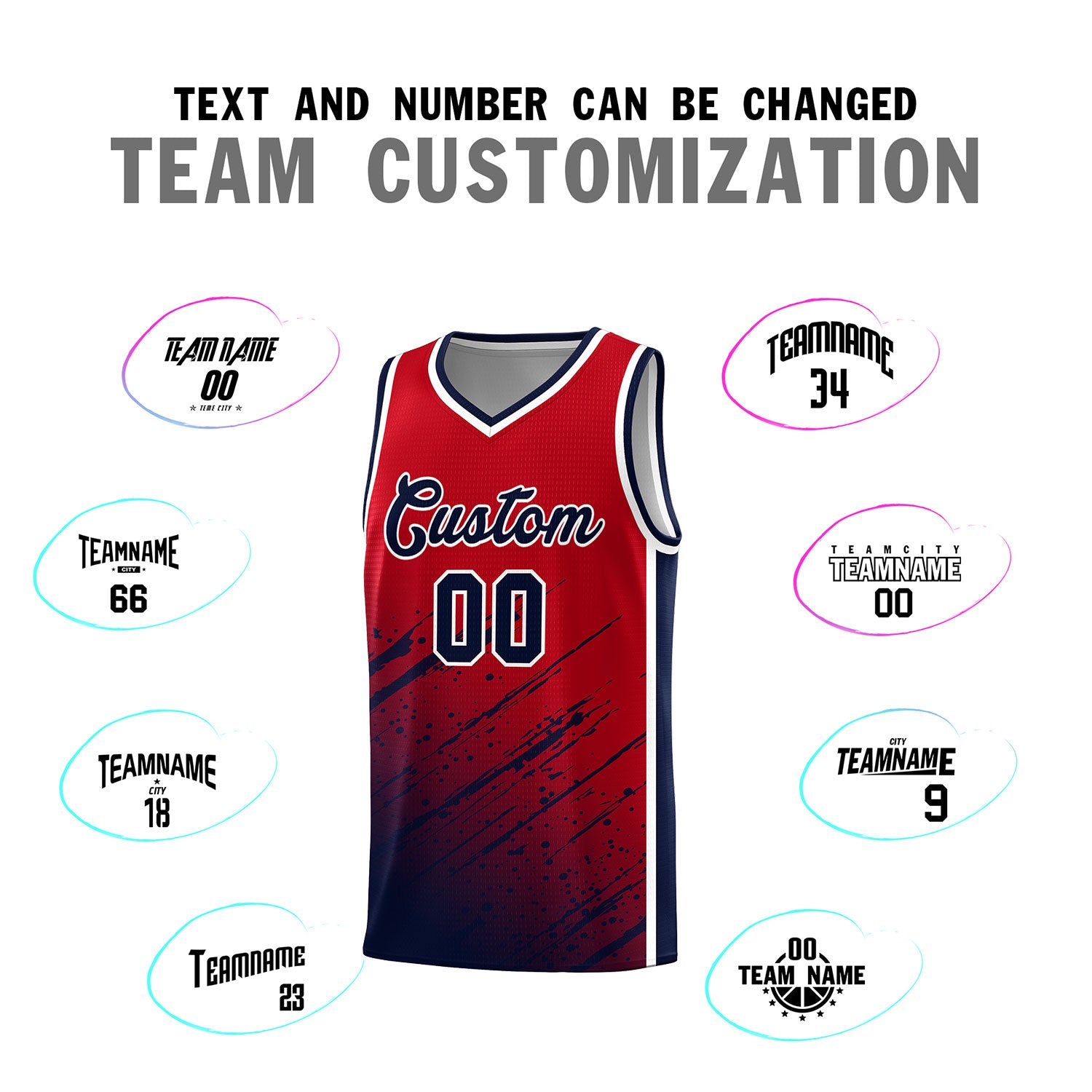 Custom Red Basketball Kits With Navy Paint Graffiti