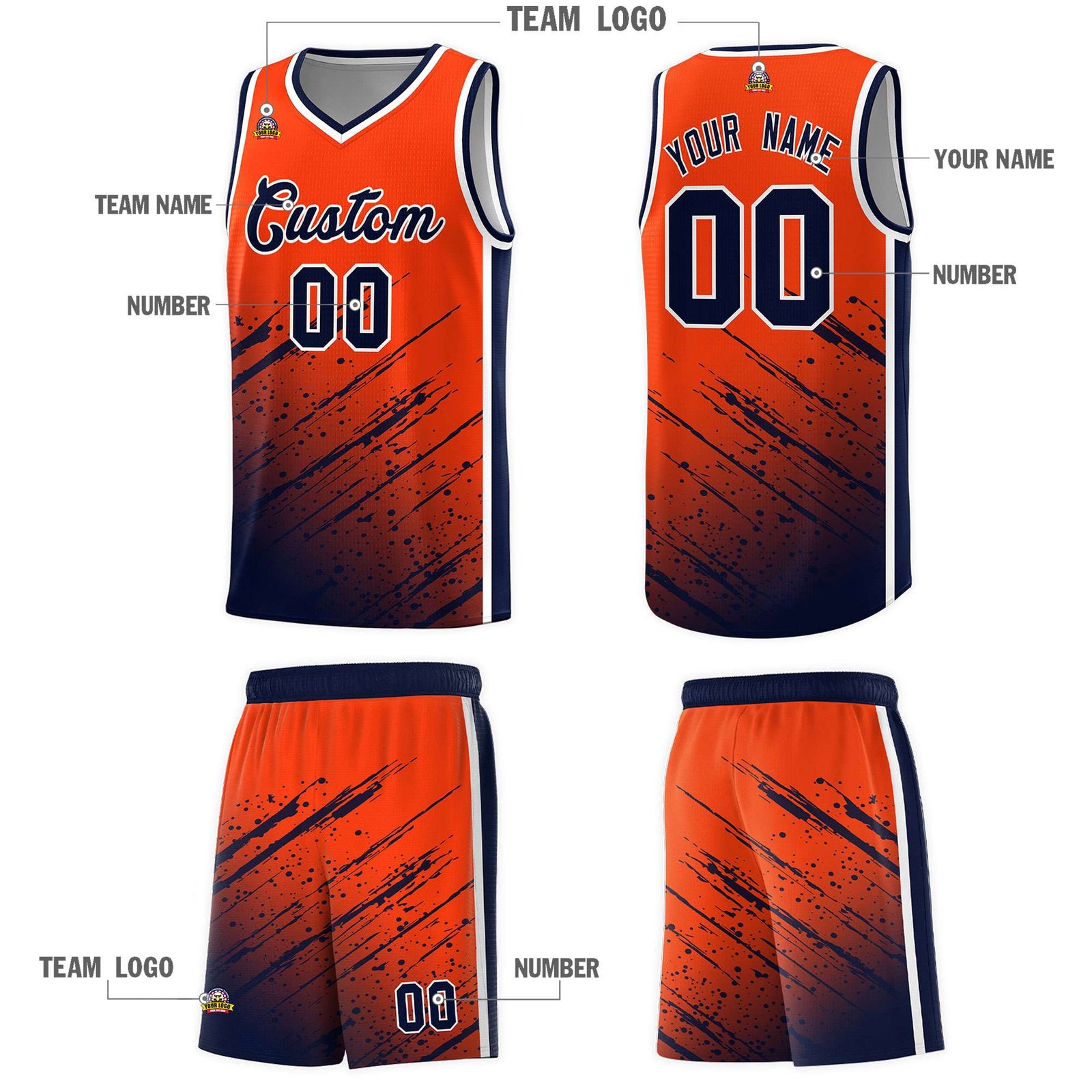 Custom Orange Basketball Kits With Navy Paint Graffiti
