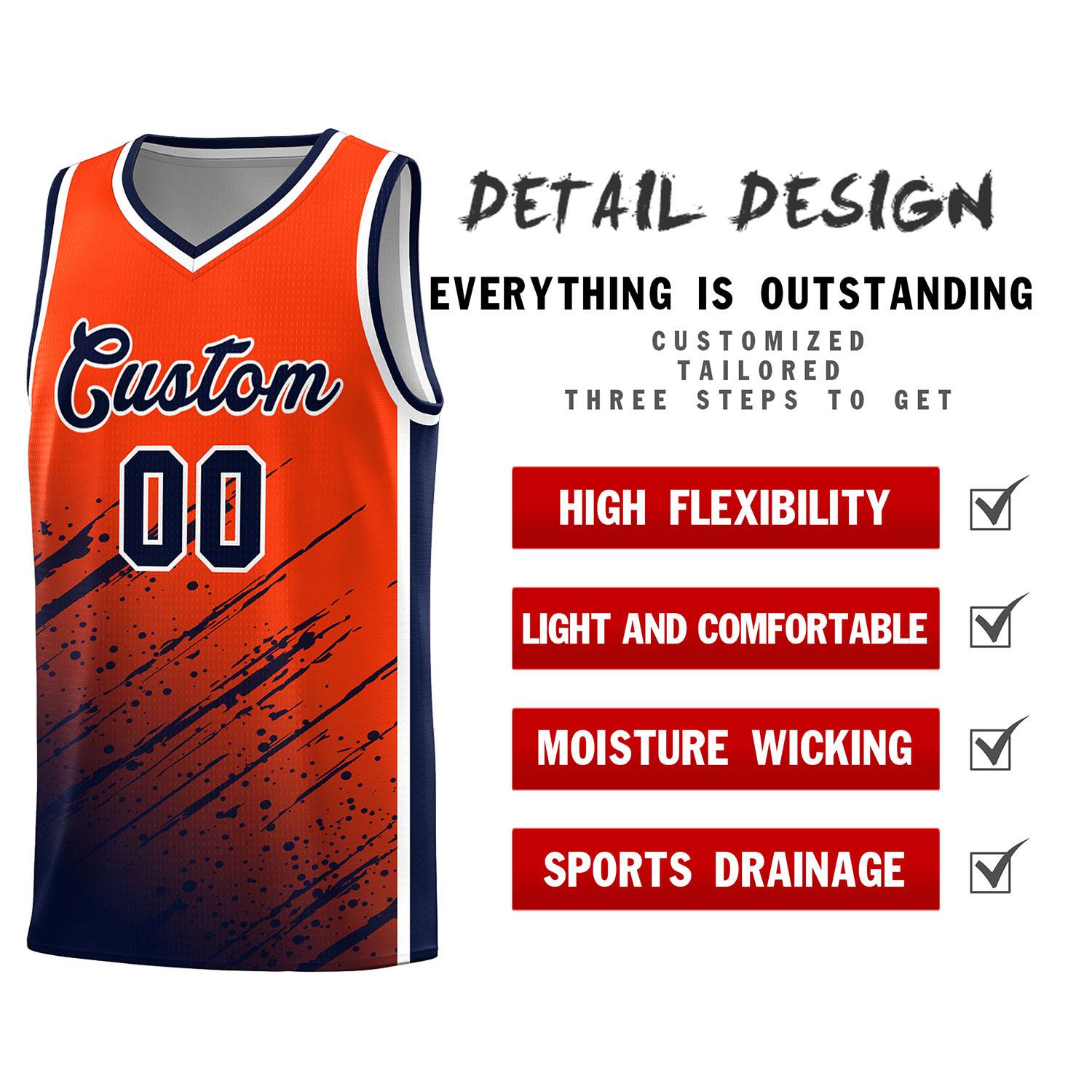 Custom Orange Basketball Kits With Navy Paint Graffiti