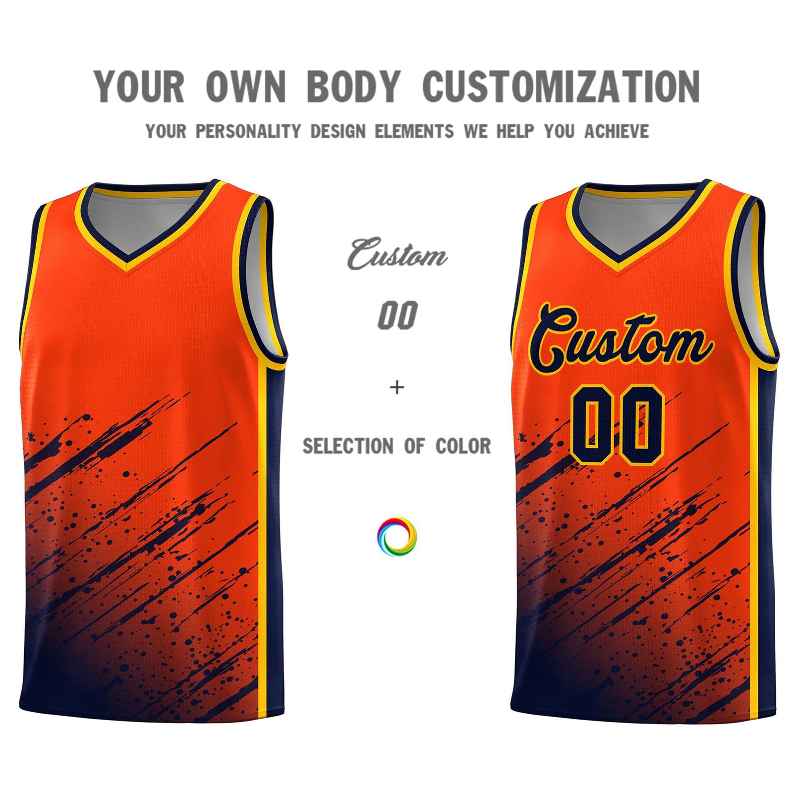 Custom Orange Basketball Kits With Navy Paint Graffiti