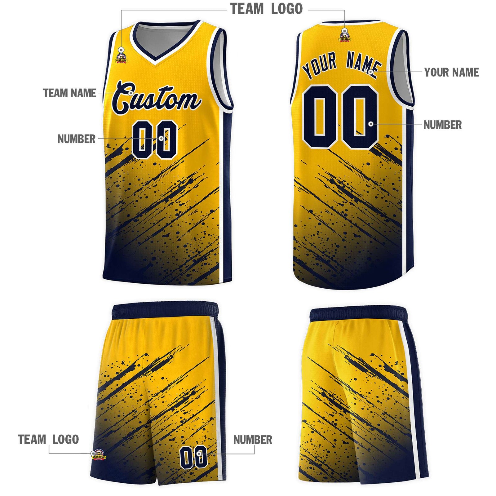 Custom Yellow Basketball Kits With Navy Paint Graffiti