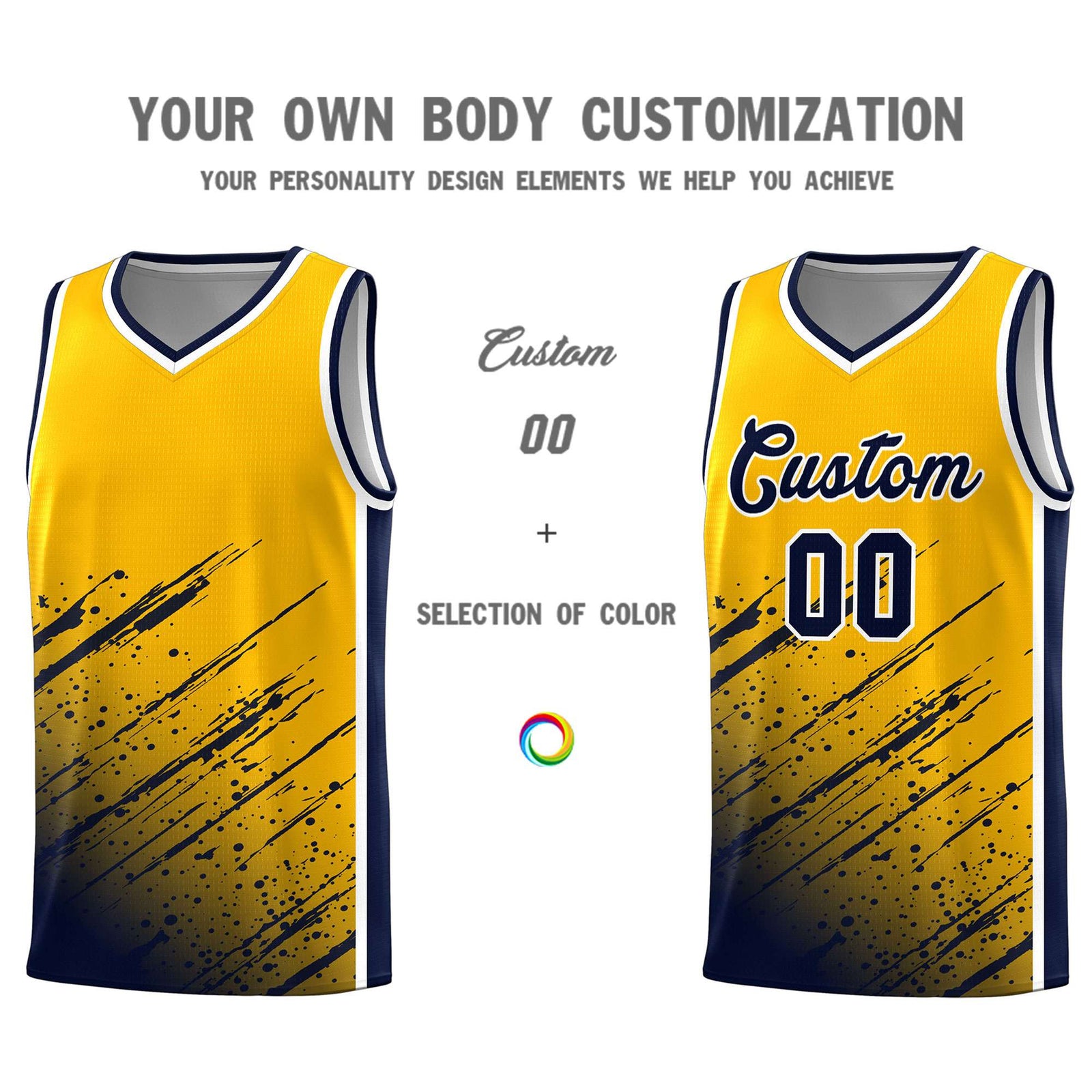 Custom Yellow Basketball Kits With Navy Paint Graffiti