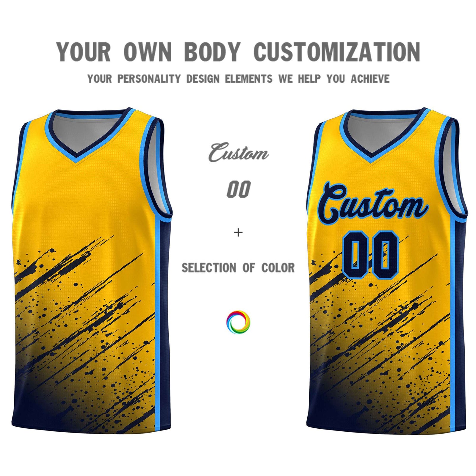 Custom Yellow Basketball Kits With Navy Paint Graffiti