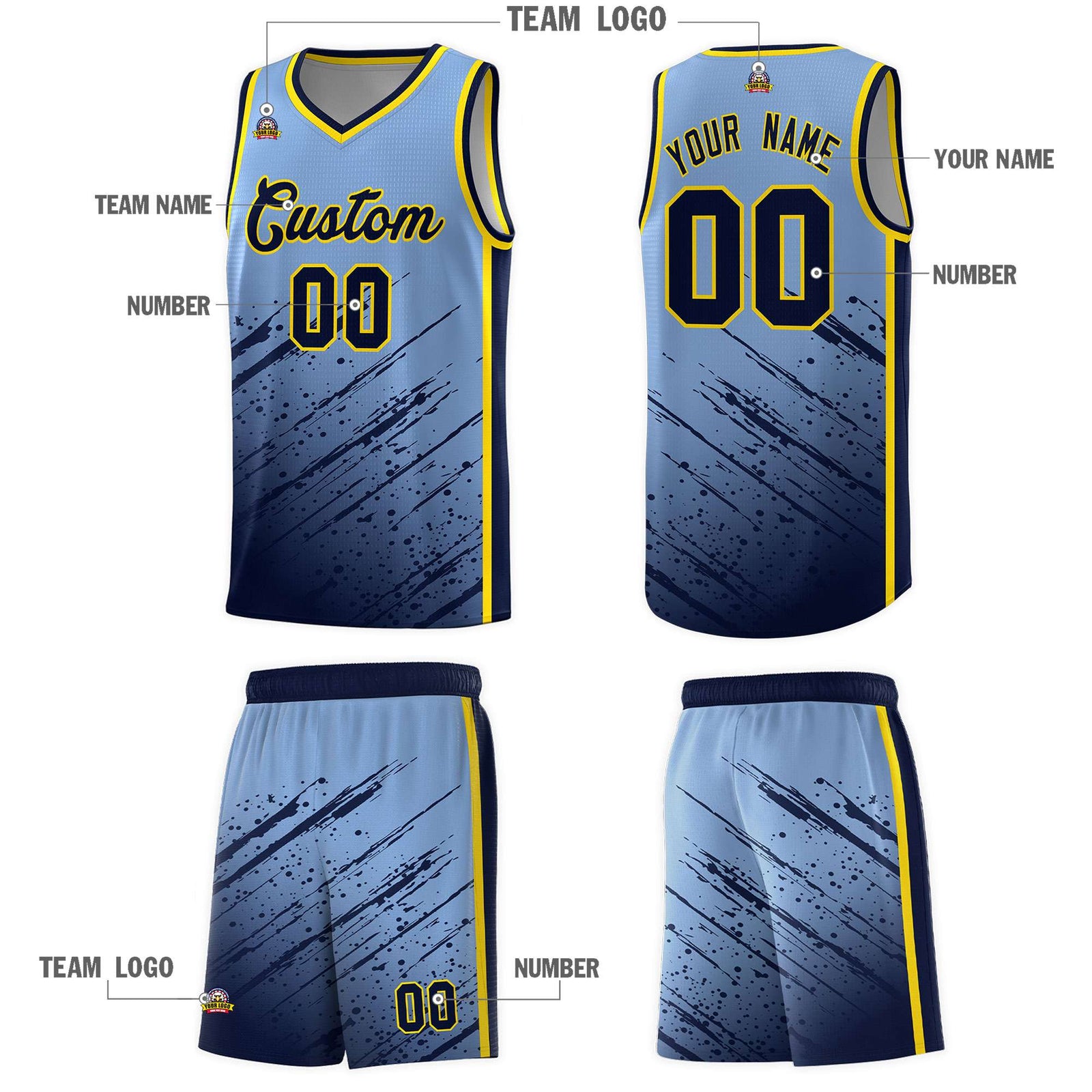 Custom Light Blue Basketball Kits With Navy Paint Graffiti