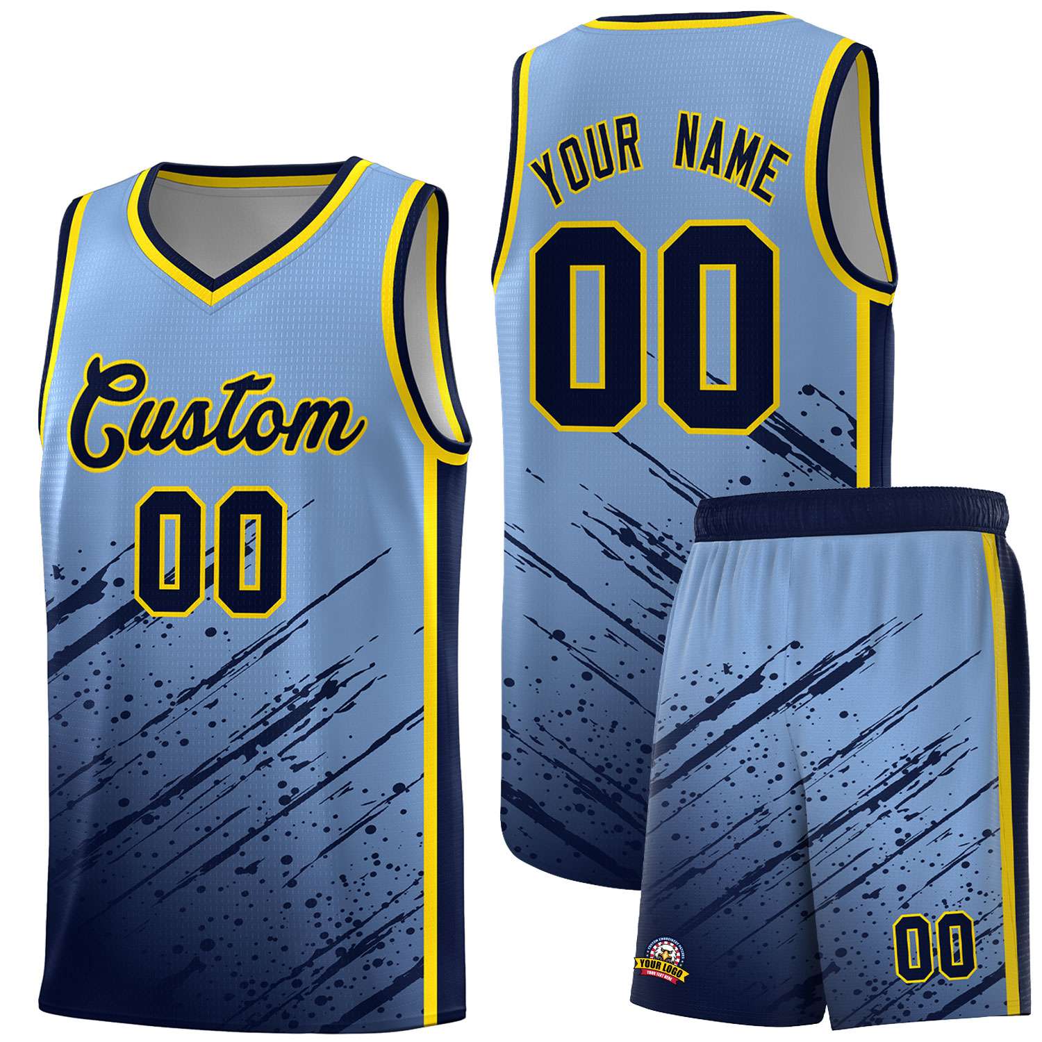 Custom Light Blue Basketball Kits With Navy Paint Graffiti