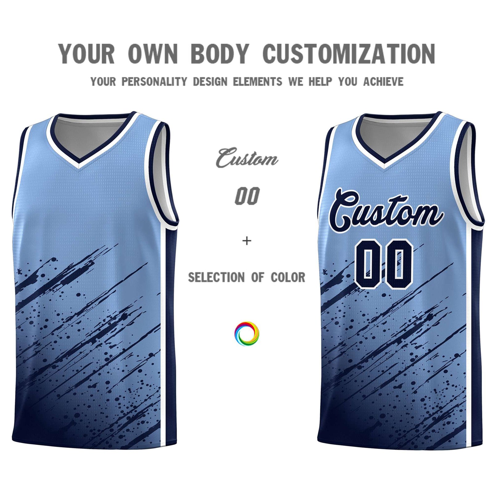 Custom Light Blue Basketball Kits With Navy Paint Graffiti