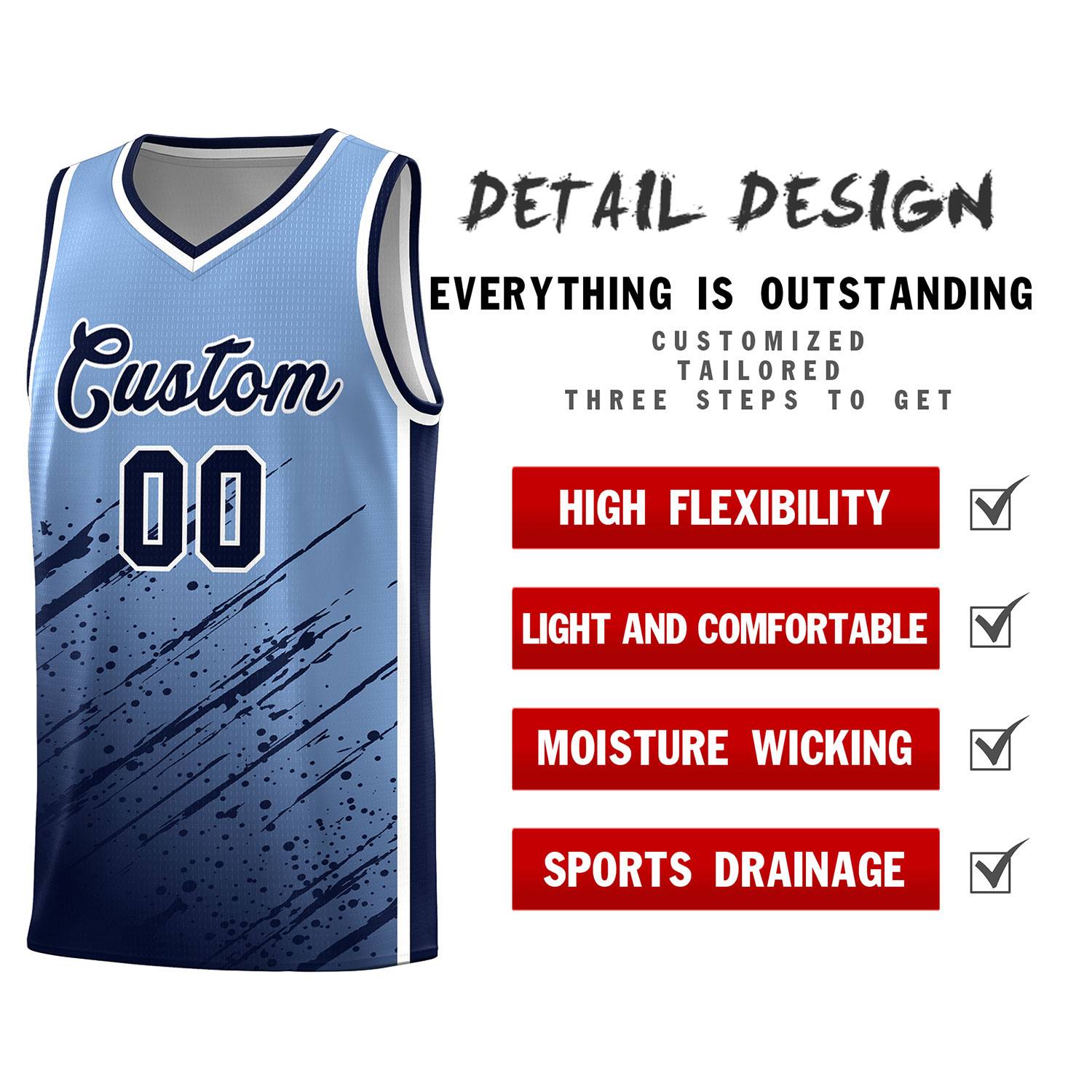 Custom Light Blue Basketball Kits With Navy Paint Graffiti