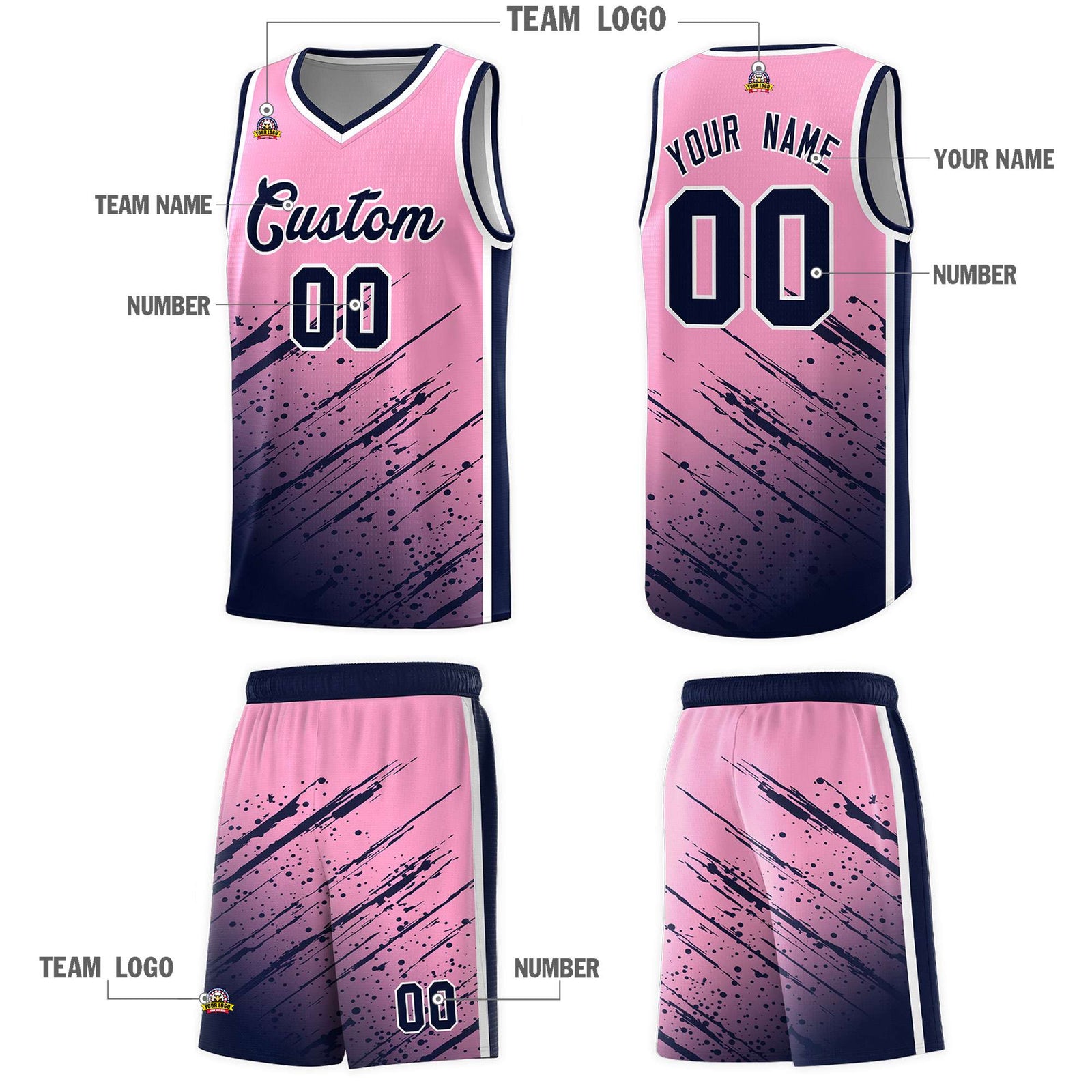 Custom Light Pink Basketball Kits With Navy Paint Graffiti