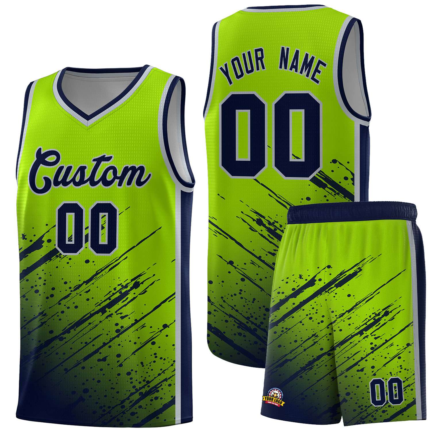 Custom Neon Green Basketball Kits With Navy Paint Graffiti