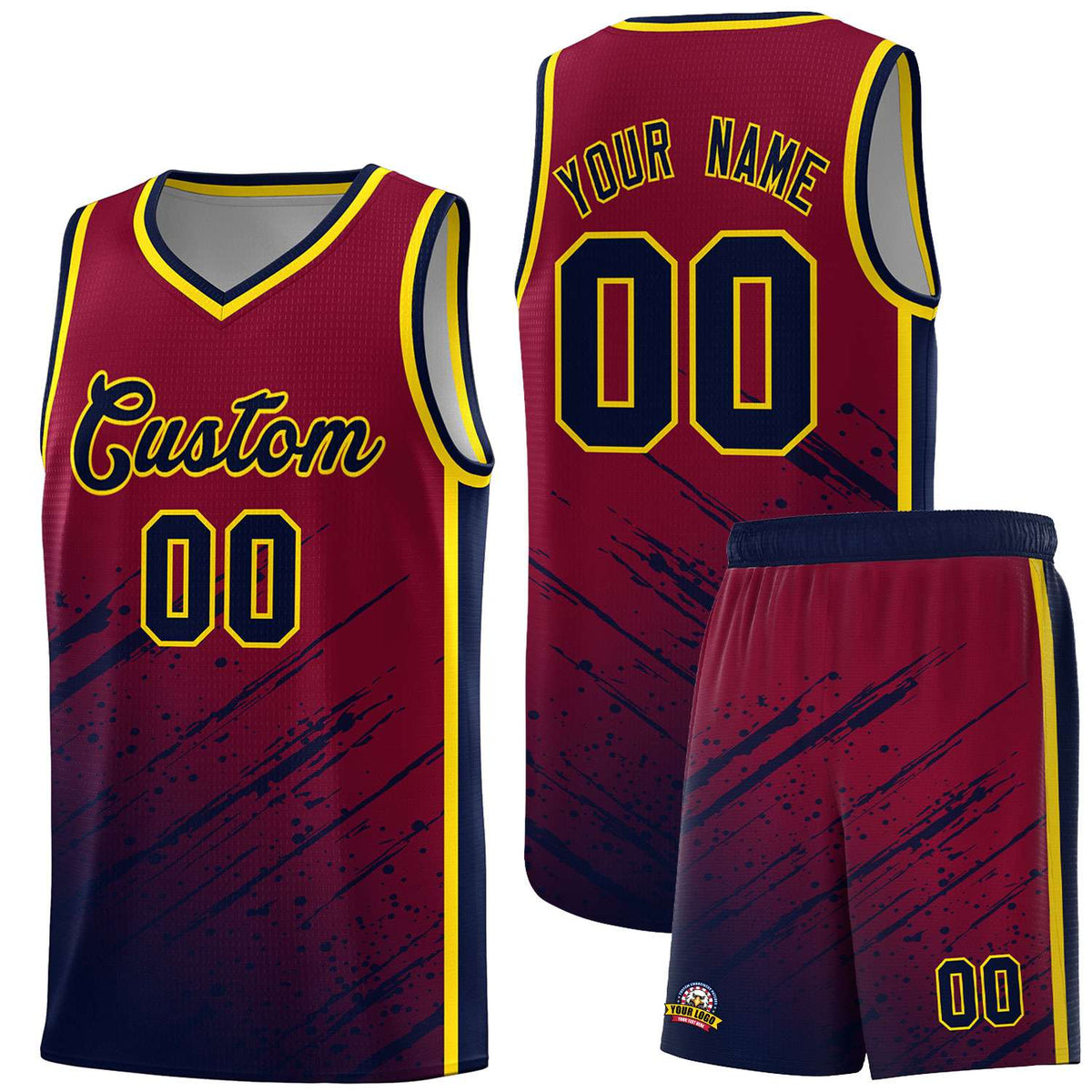 Custom Crimson Basketball Kits With Navy Paint Graffiti