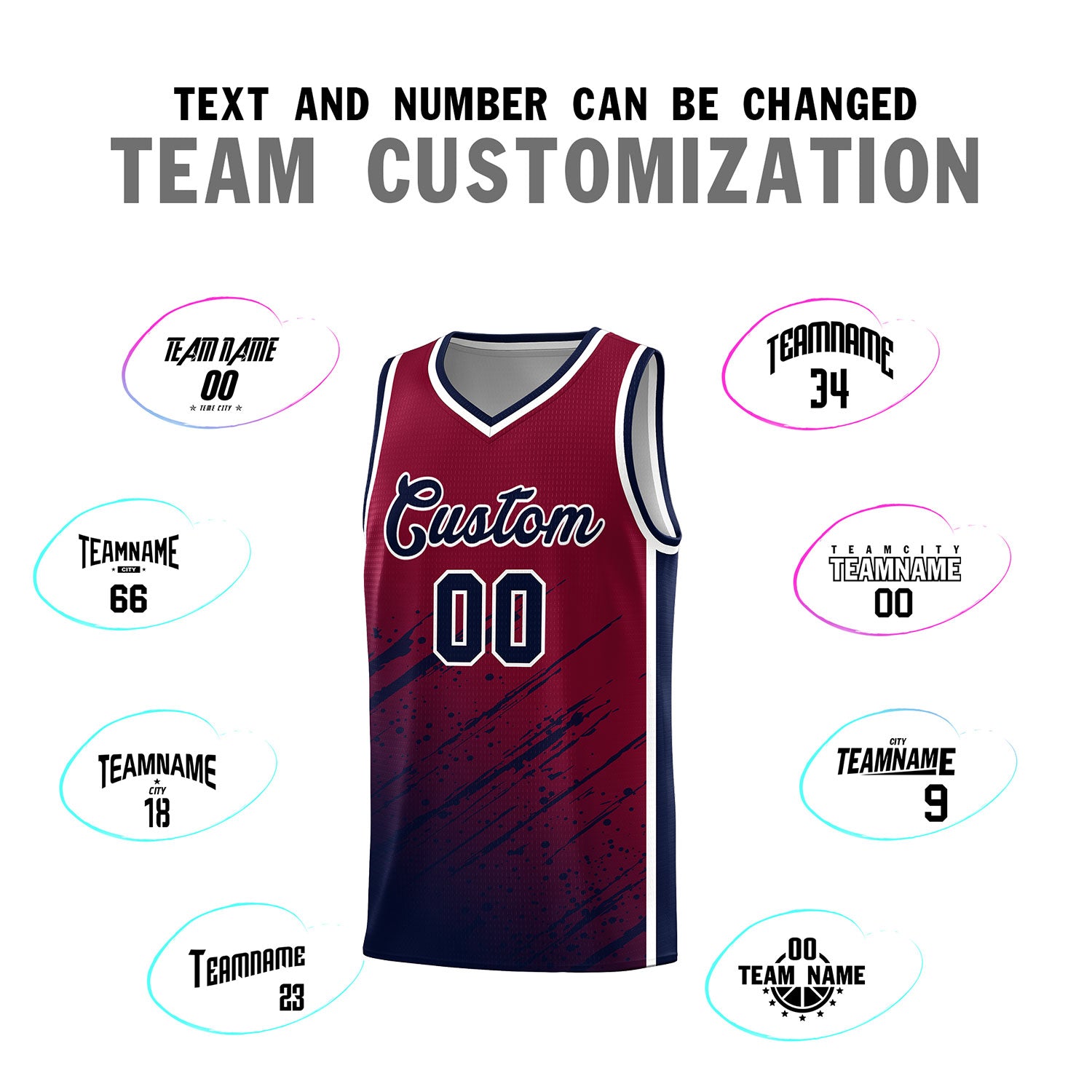 Custom Crimson Basketball Kits With Navy Paint Graffiti