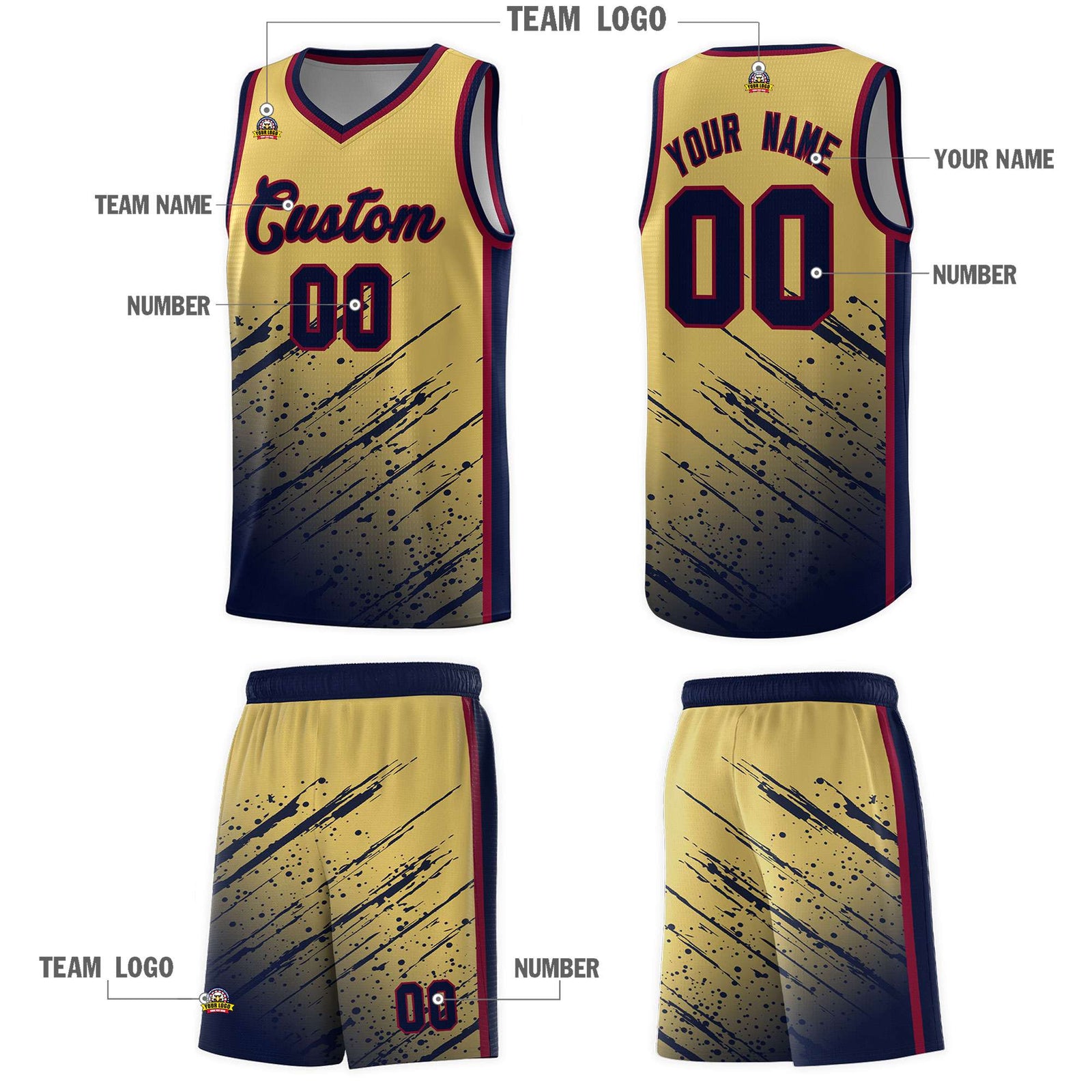 Custom Khaki Basketball Kits With Navy Paint Graffiti