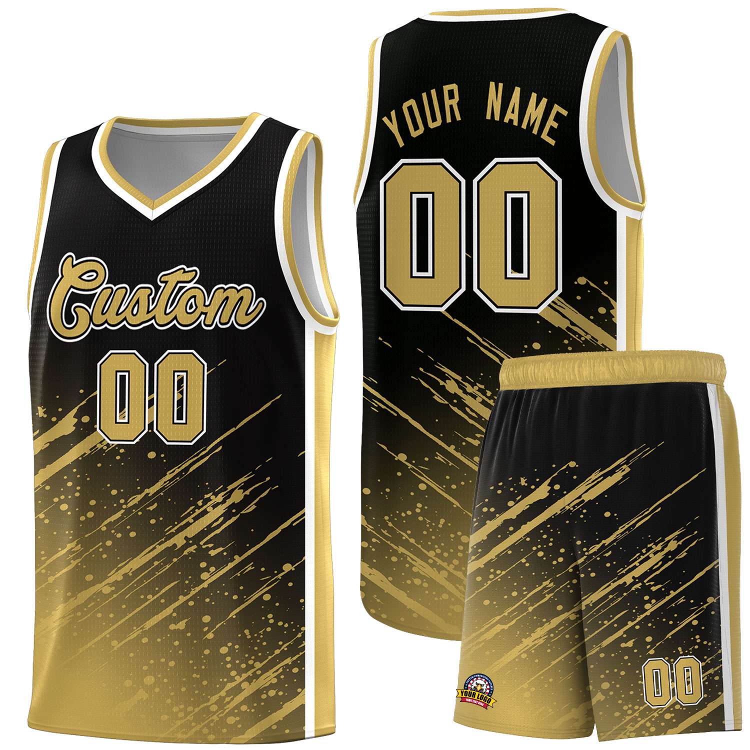 Custom Black Basketball Kits With Old Gold Paint Graffiti