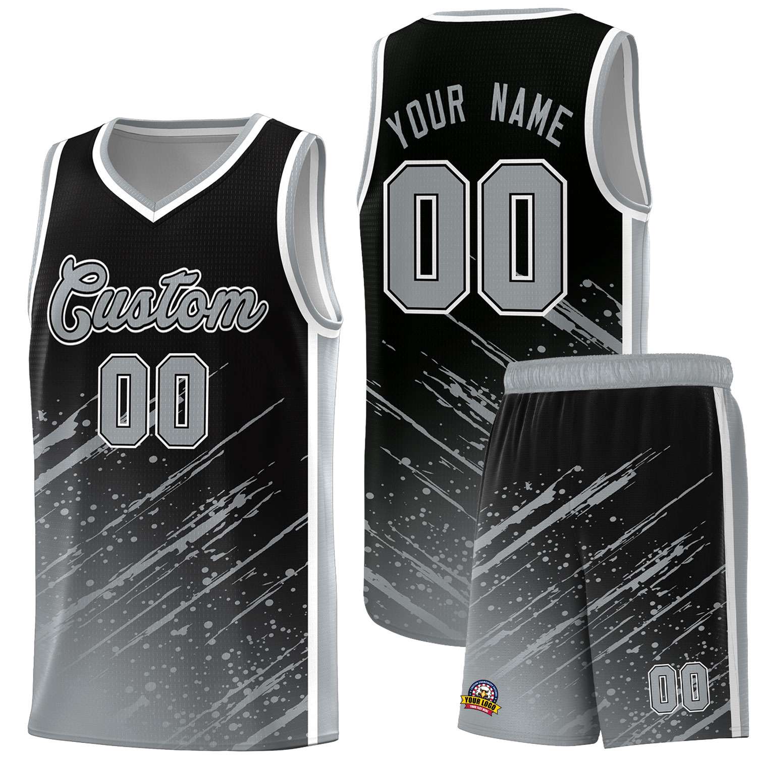 Custom Black Basketball Kits With Gray Paint Graffiti