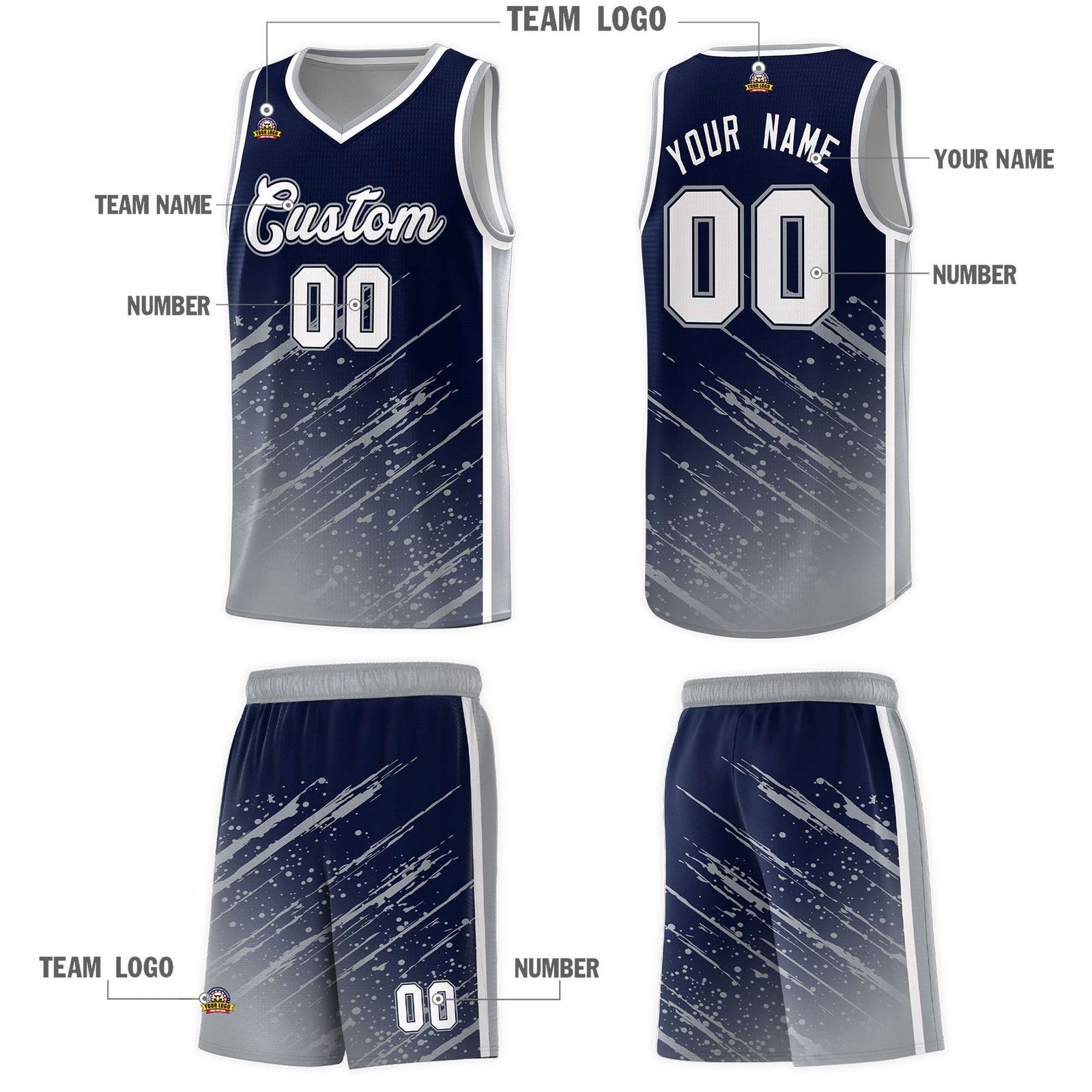 Custom Navy Basketball Kits With Gray Paint Graffiti