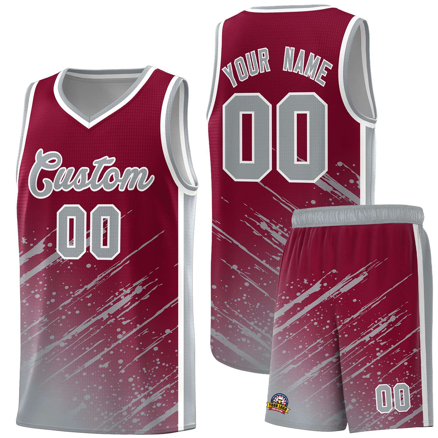 Custom Crimson Basketball Kits With Gray Paint Graffiti