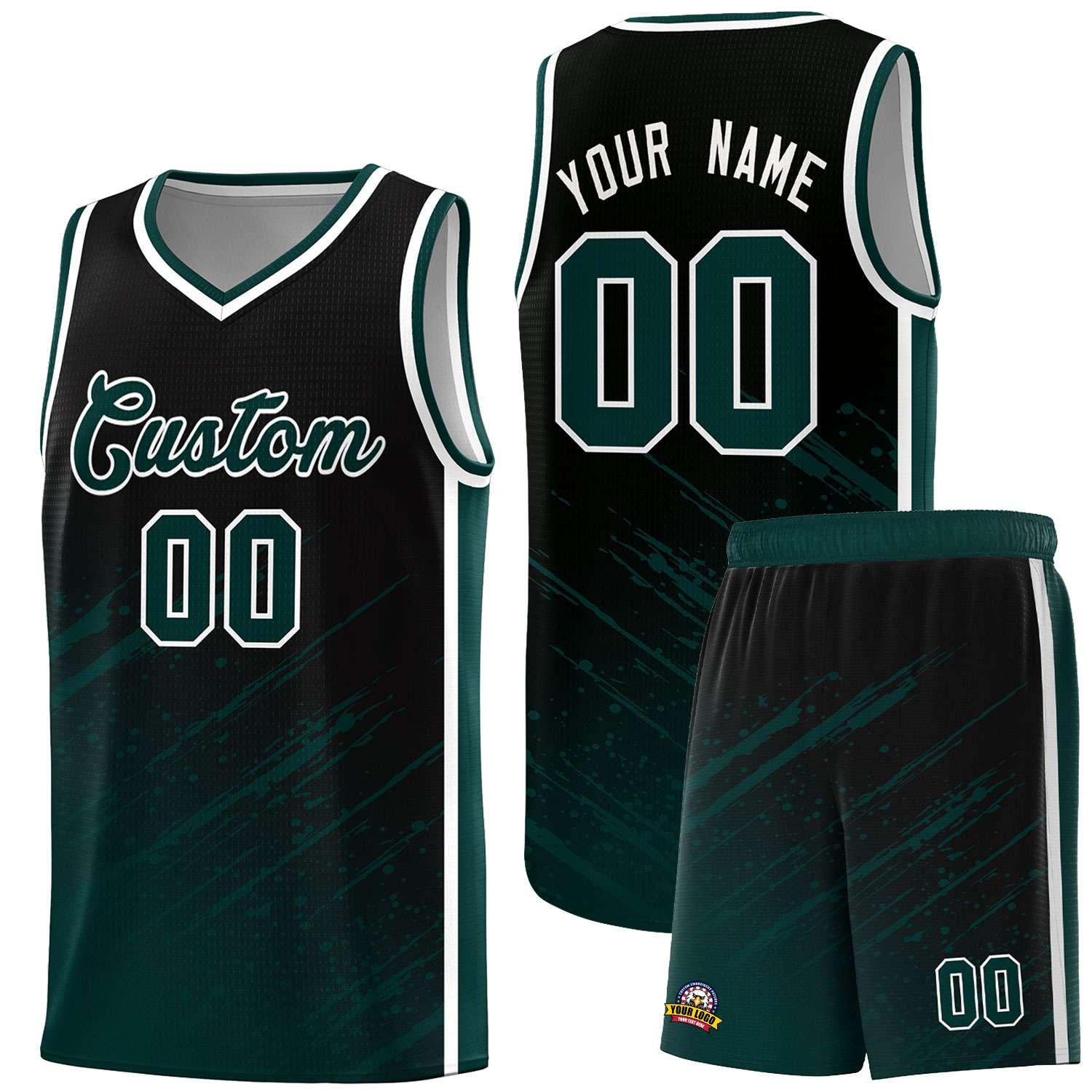 Custom Black Basketball Kits With Midnight Green Paint Graffiti