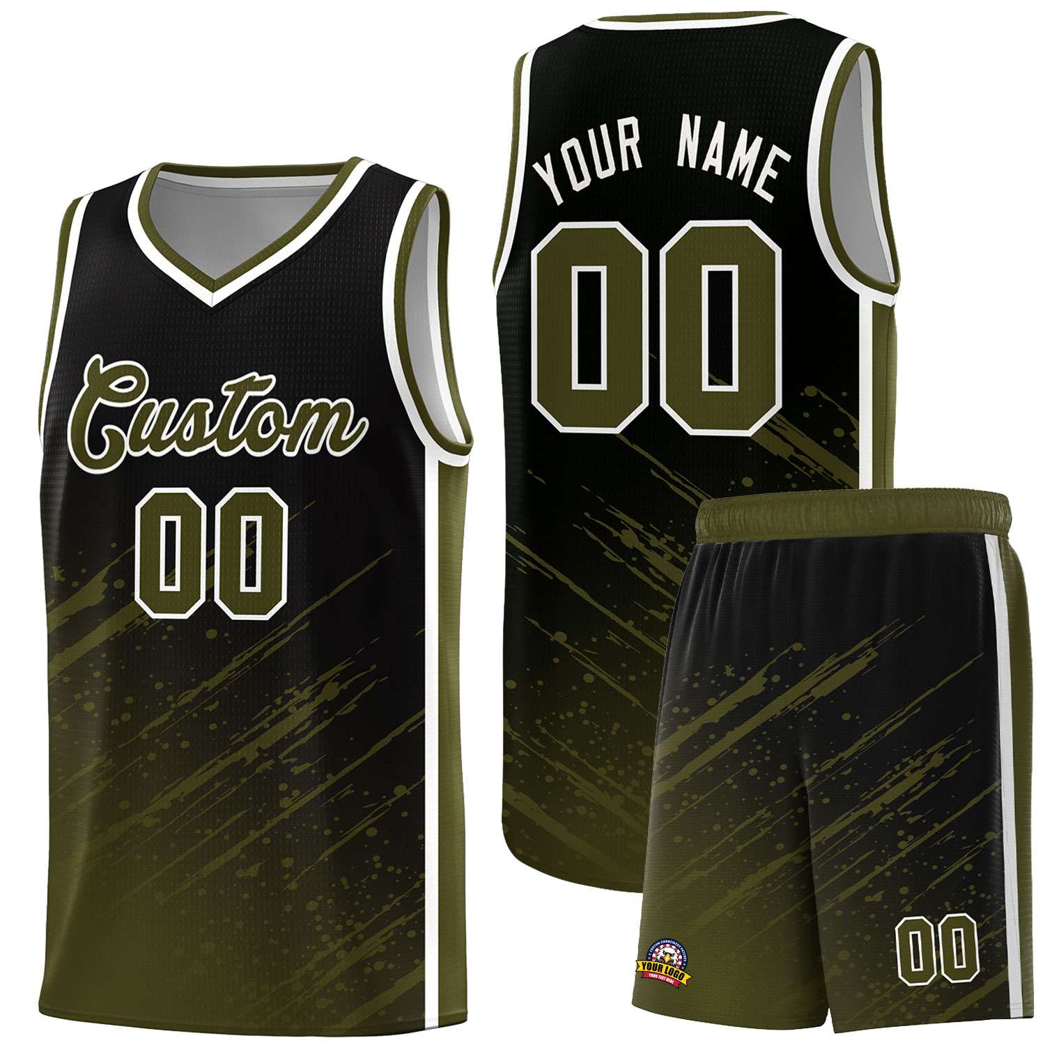 Custom Black Basketball Kits With Olive Paint Graffiti