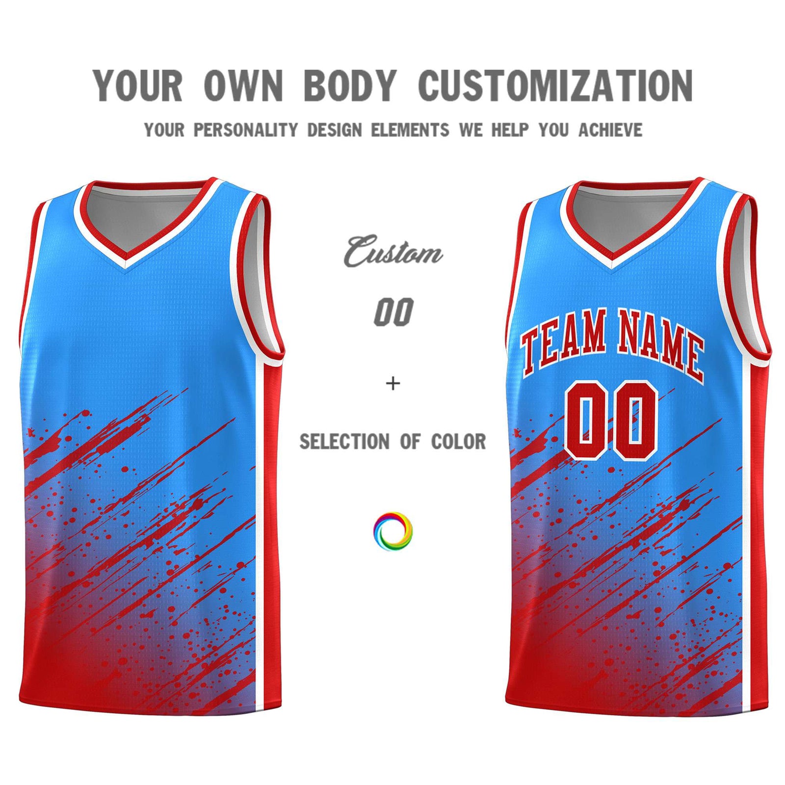 Custom Powder Blue Basketball Kits With Red Paint Graffiti