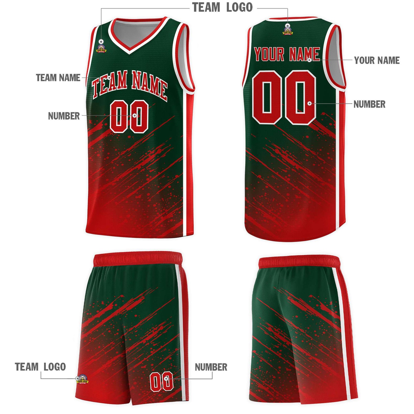Custom Green Basketball Kits With Red Paint Graffiti