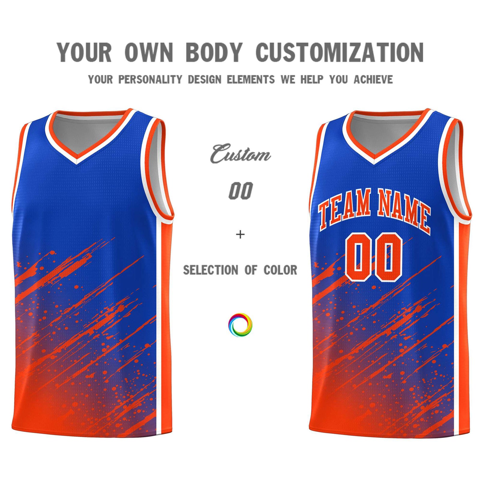 Custom Royal Basketball Kits With Orange Paint Graffiti