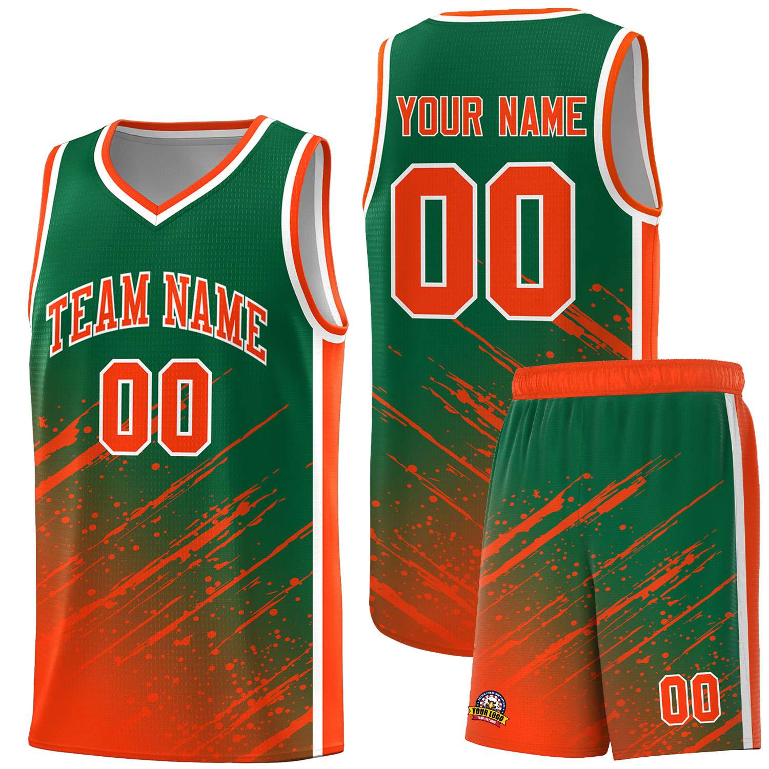 Custom Kelly Green Basketball Kits With Orange Paint Graffiti