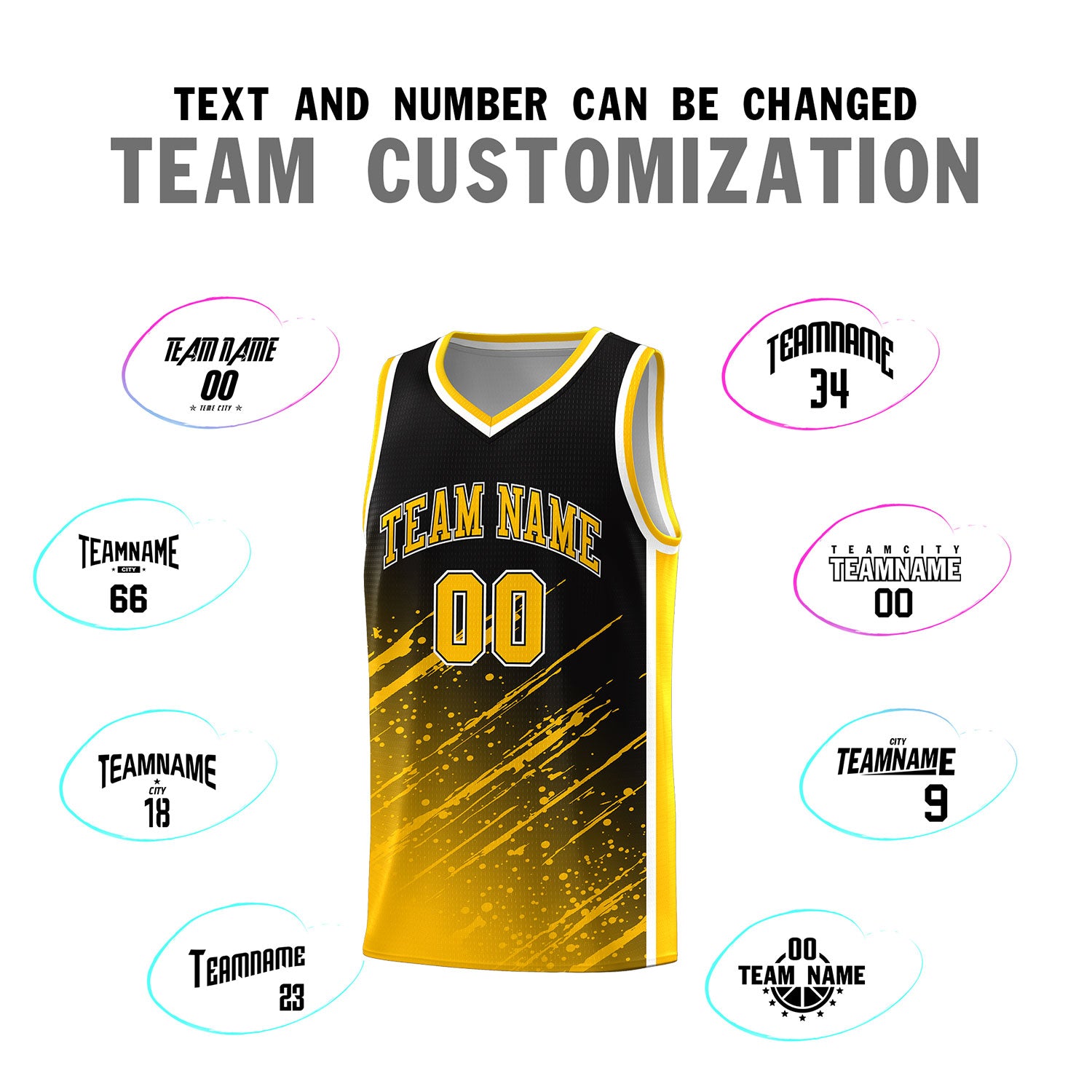 Custom Black Basketball Kits With Yellow Paint Graffiti