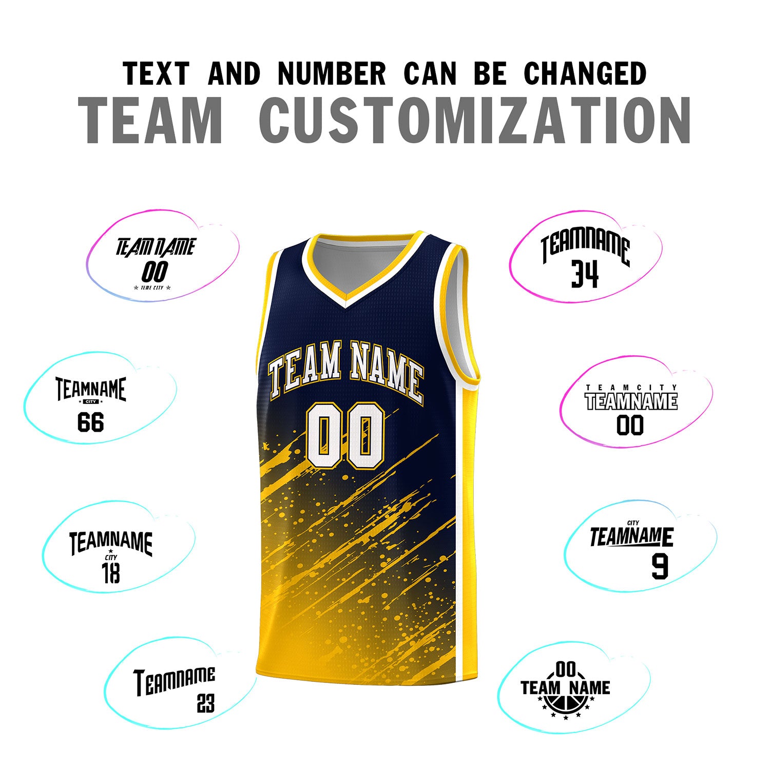 Custom Navy Basketball Kits With Yellow Paint Graffiti