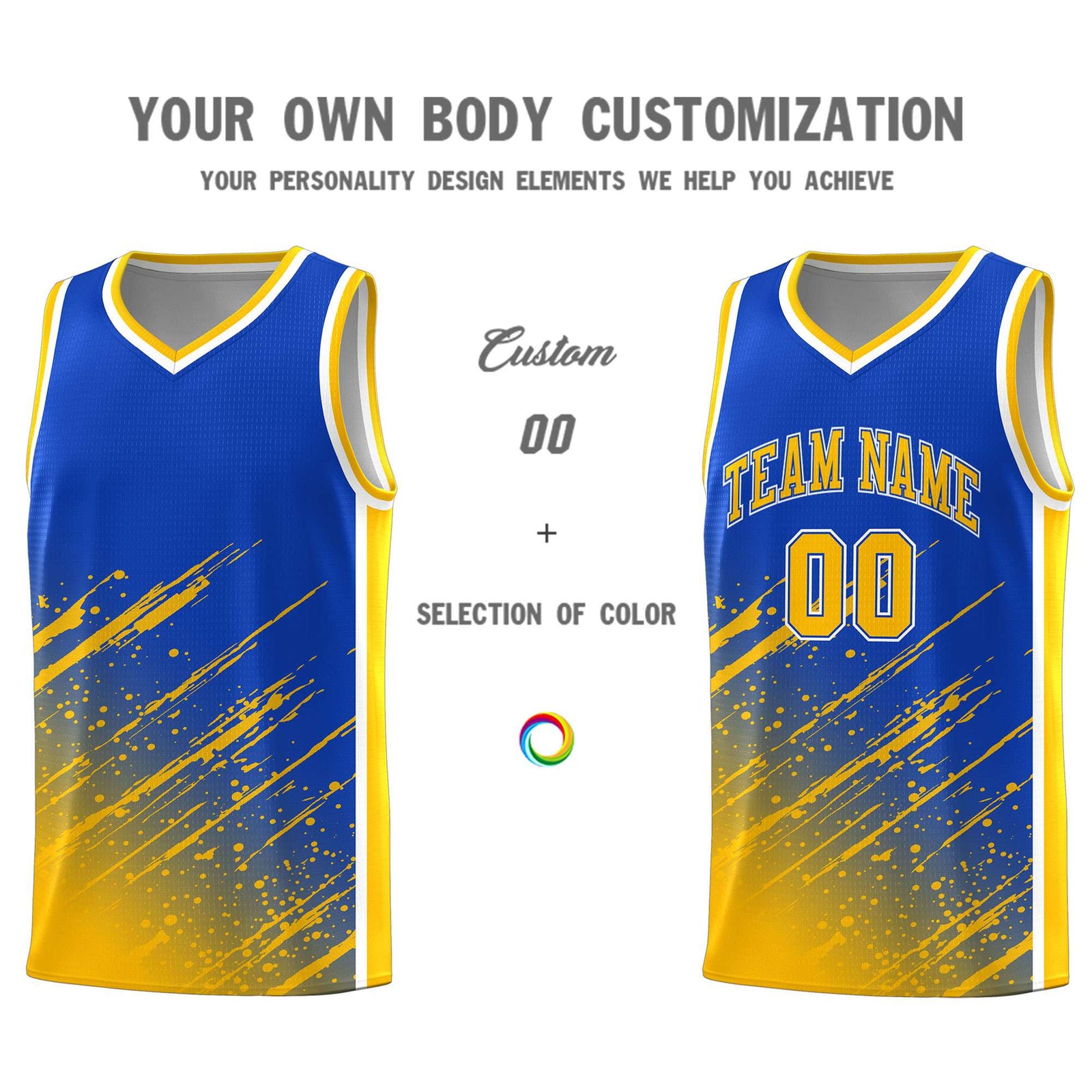 Custom Royal Basketball Kits With Yellow Paint Graffiti