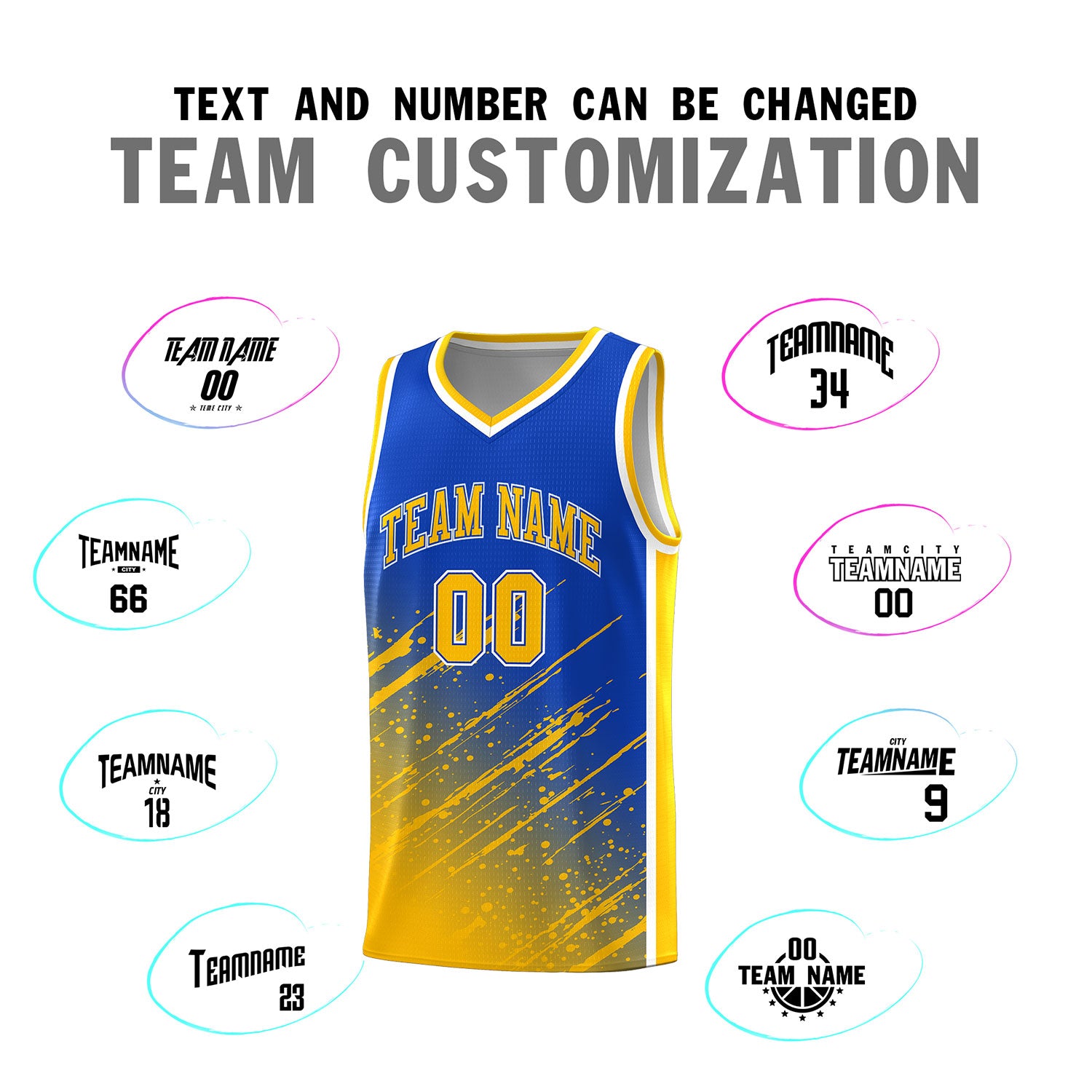 Custom Royal Basketball Kits With Yellow Paint Graffiti
