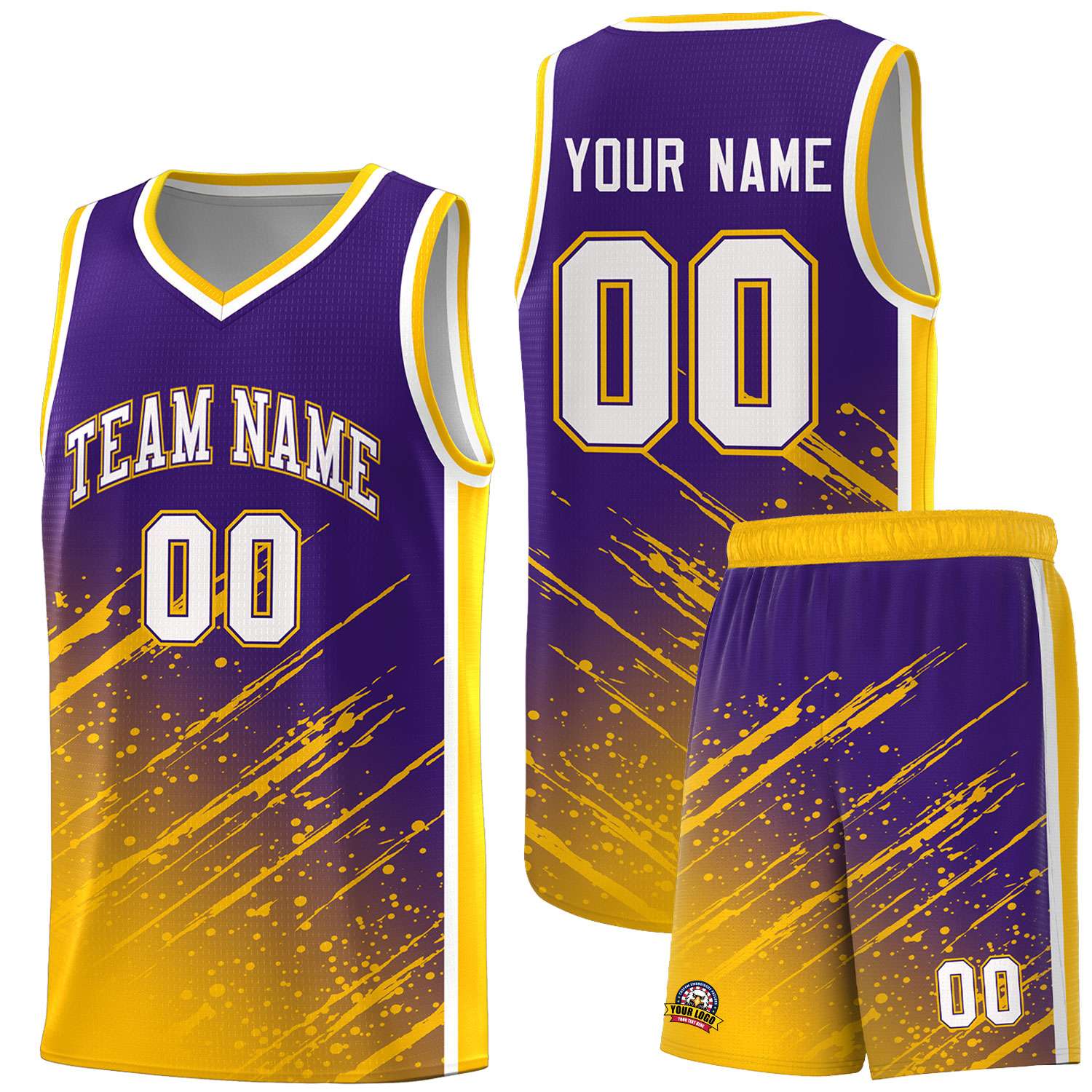 Custom Purple Basketball Kits With Yellow Paint Graffiti