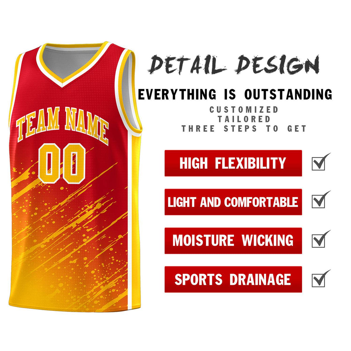 Custom Red Basketball Kits With Yellow Paint Graffiti