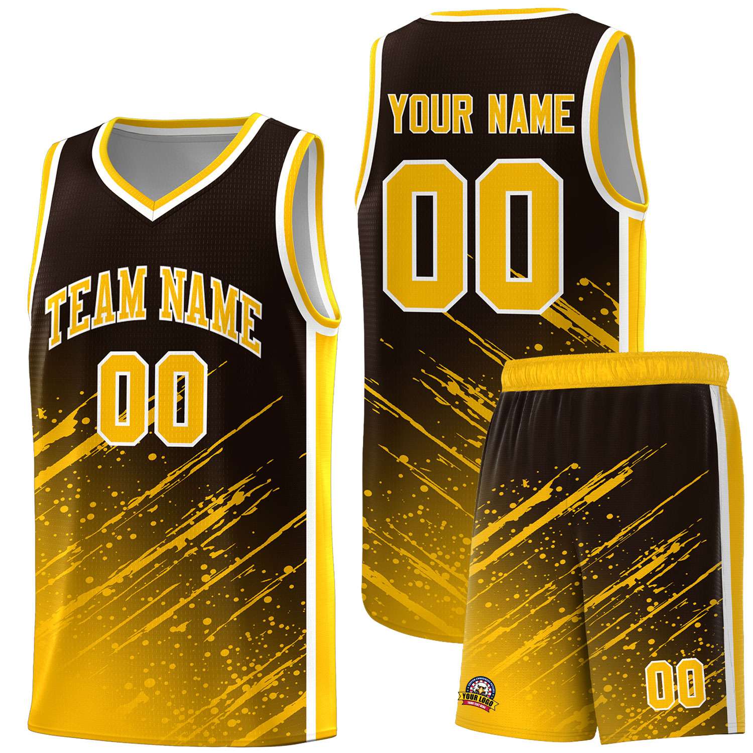 Custom Brown Basketball Kits With Yellow Paint Graffiti