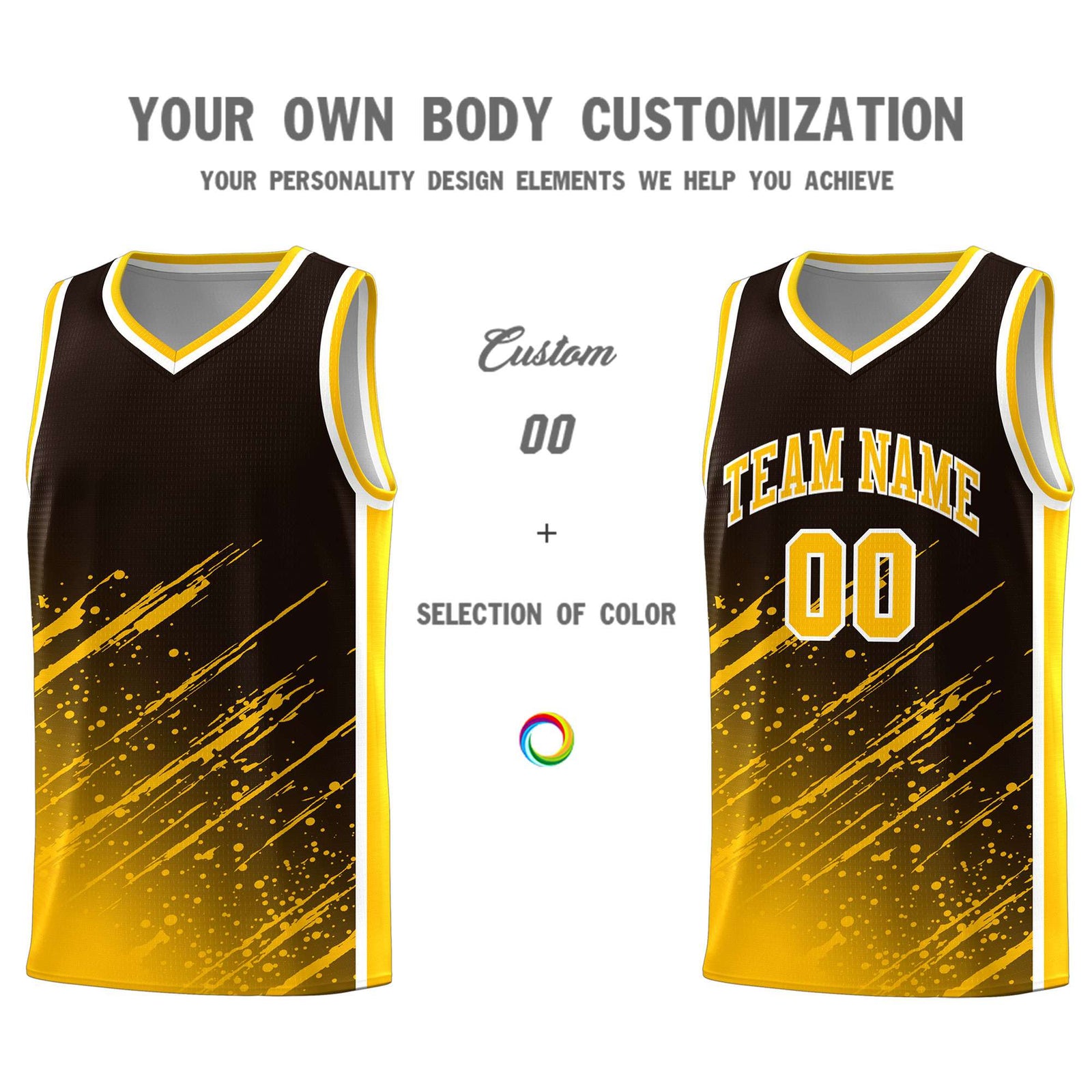 Custom Brown Basketball Kits With Yellow Paint Graffiti