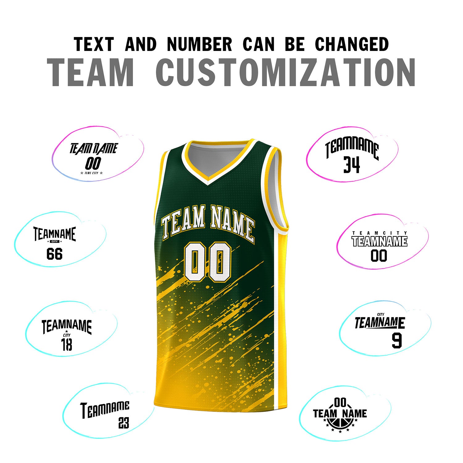 Custom Green Basketball Kits With Yellow Paint Graffiti