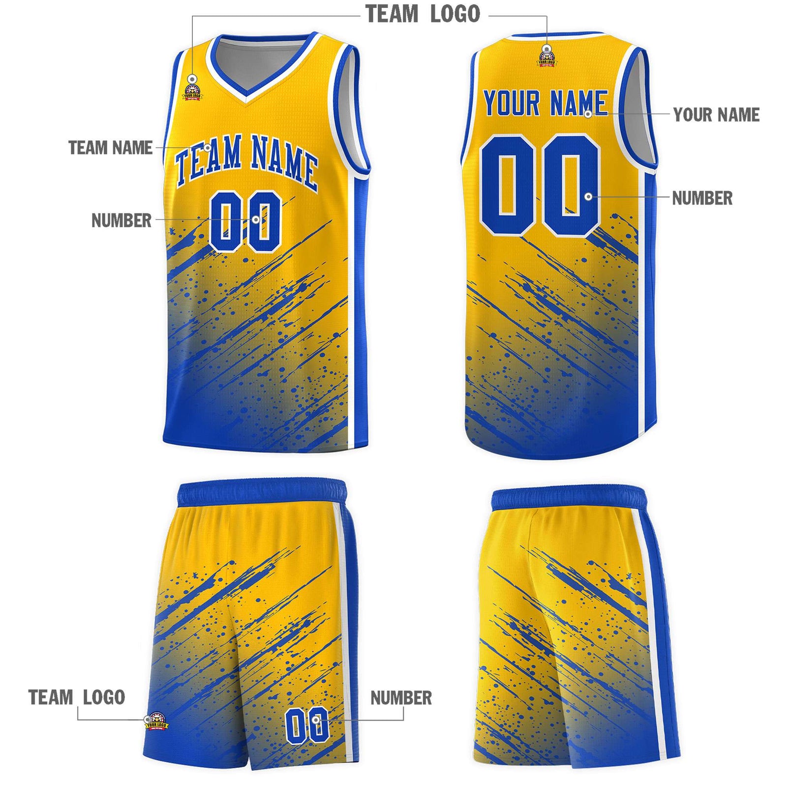 Custom Yellow Basketball Kits With Royal Paint Graffiti