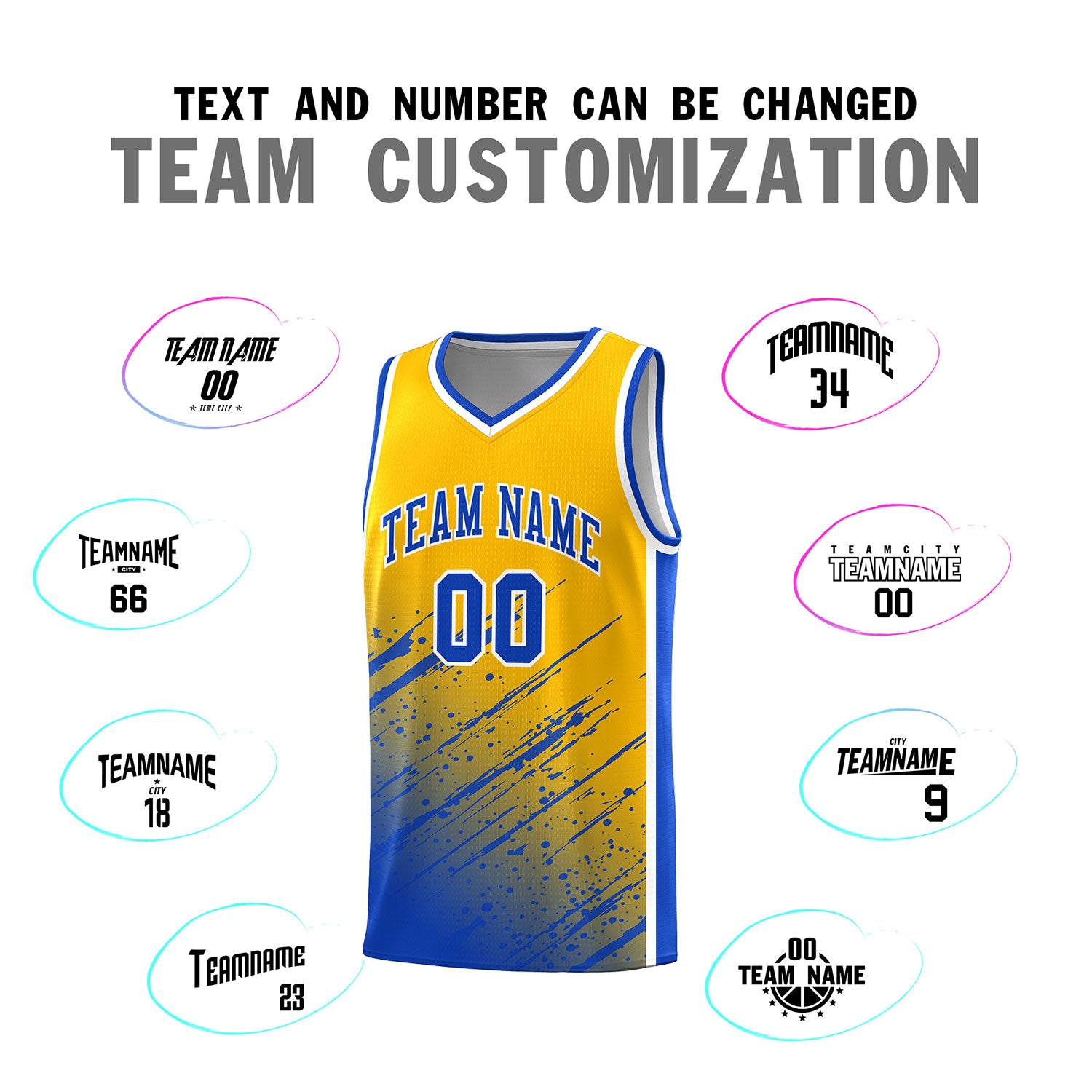Custom Yellow Basketball Kits With Royal Paint Graffiti